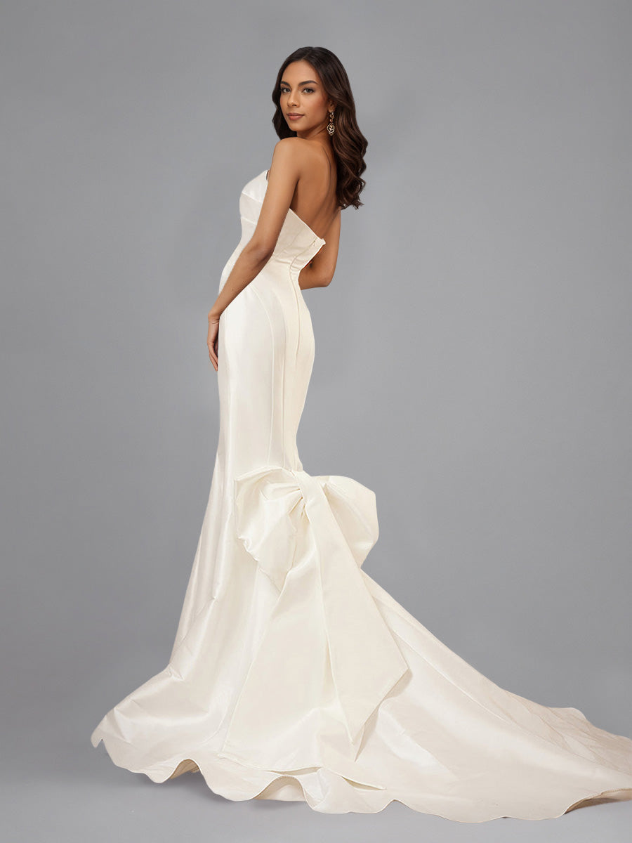 Cicinia Nouvelle Arrivée Robe de Mariée Sirène en Satin sans Bretelles avec Grand Nœud Papillon