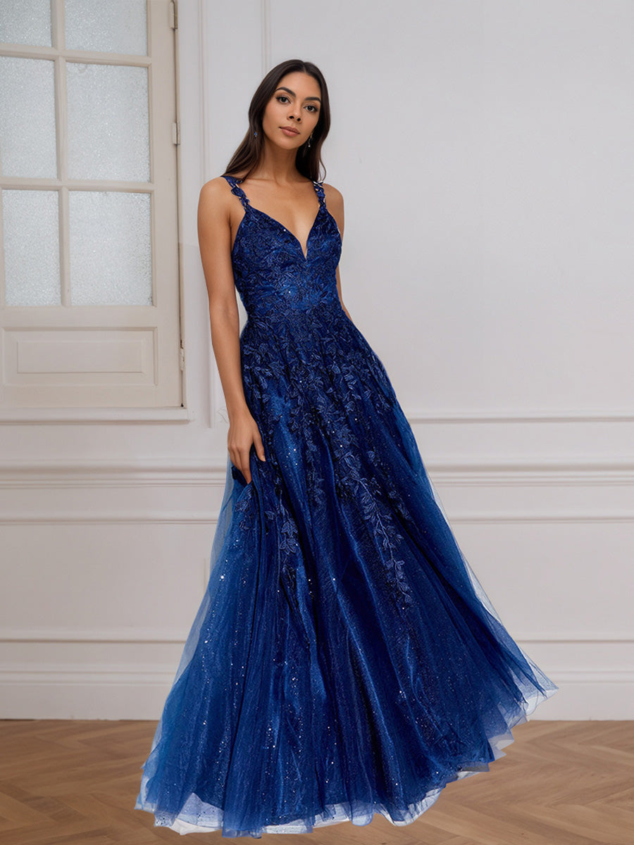 Cicinia Robe de Soirée BLEU MARINE Longue A-Line en Dentelle et Tulle Décolleté en V Longueur Sol Élégante