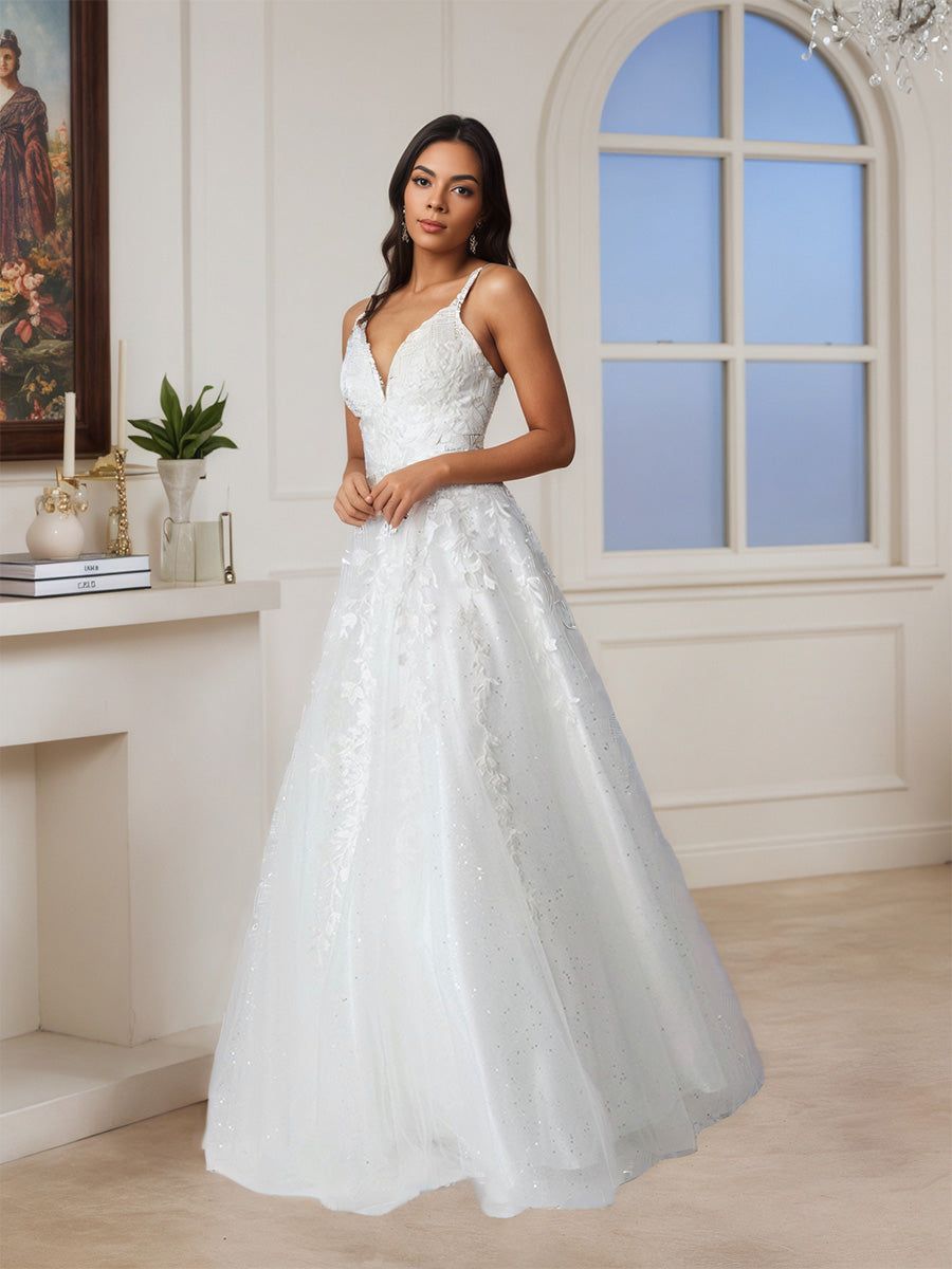Cicinia Robe de Soirée Ivoire Longue A-Line en Dentelle et Tulle Décolleté en V Longueur Sol Élégante
