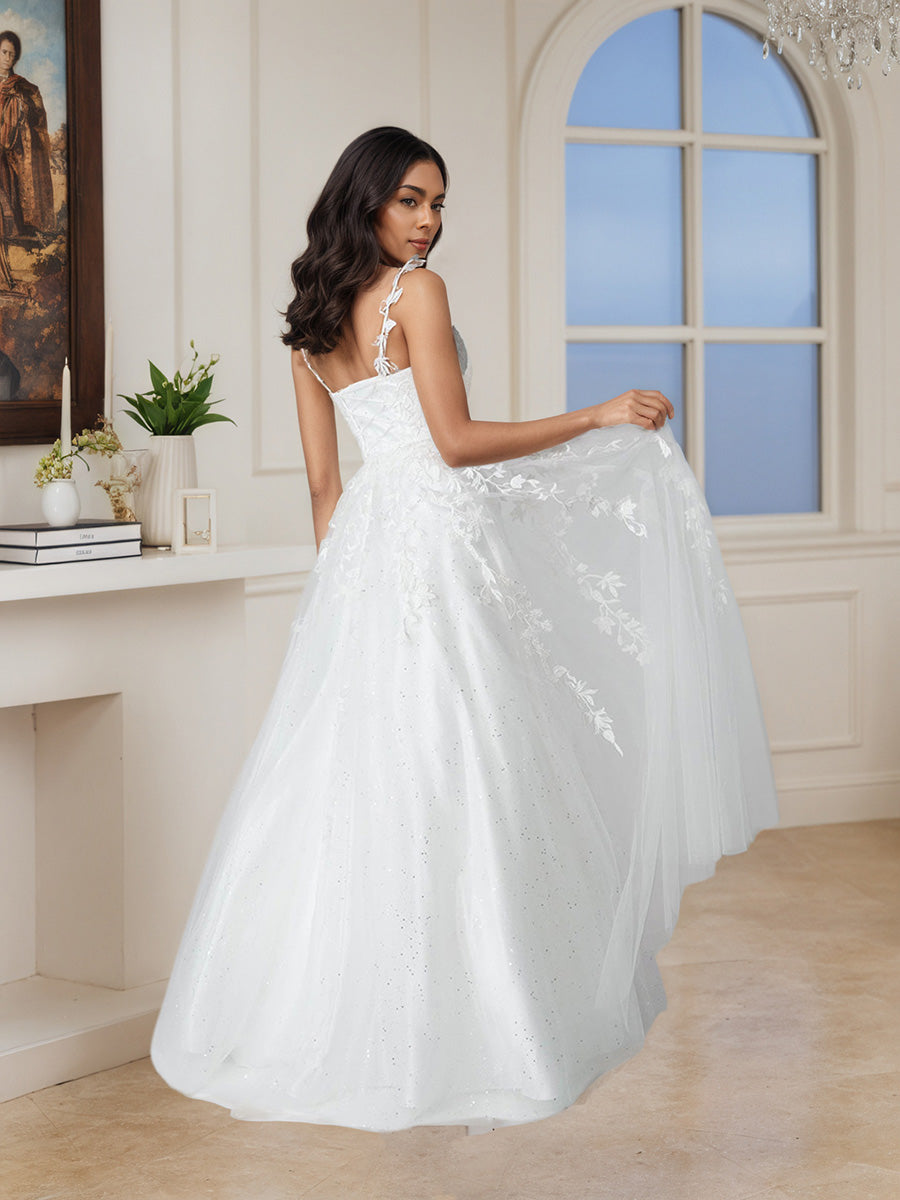 Cicinia Robe de Soirée Ivoire Longue A-Line en Dentelle et Tulle Décolleté en V Longueur Sol Élégante