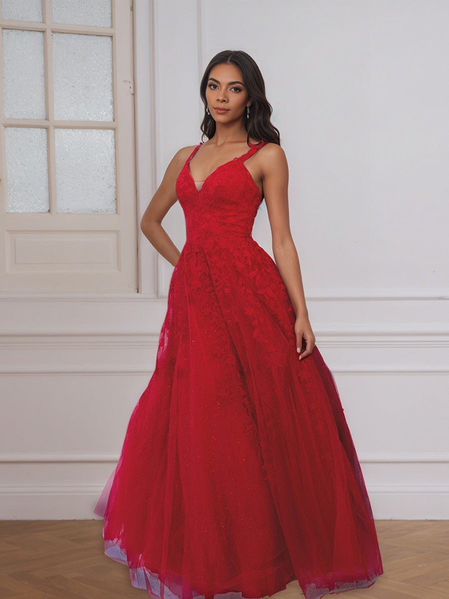 Cicinia Robe de Soirée Rouge Longue A-Line en Dentelle et Tulle Décolleté en V Longueur Sol Élégante