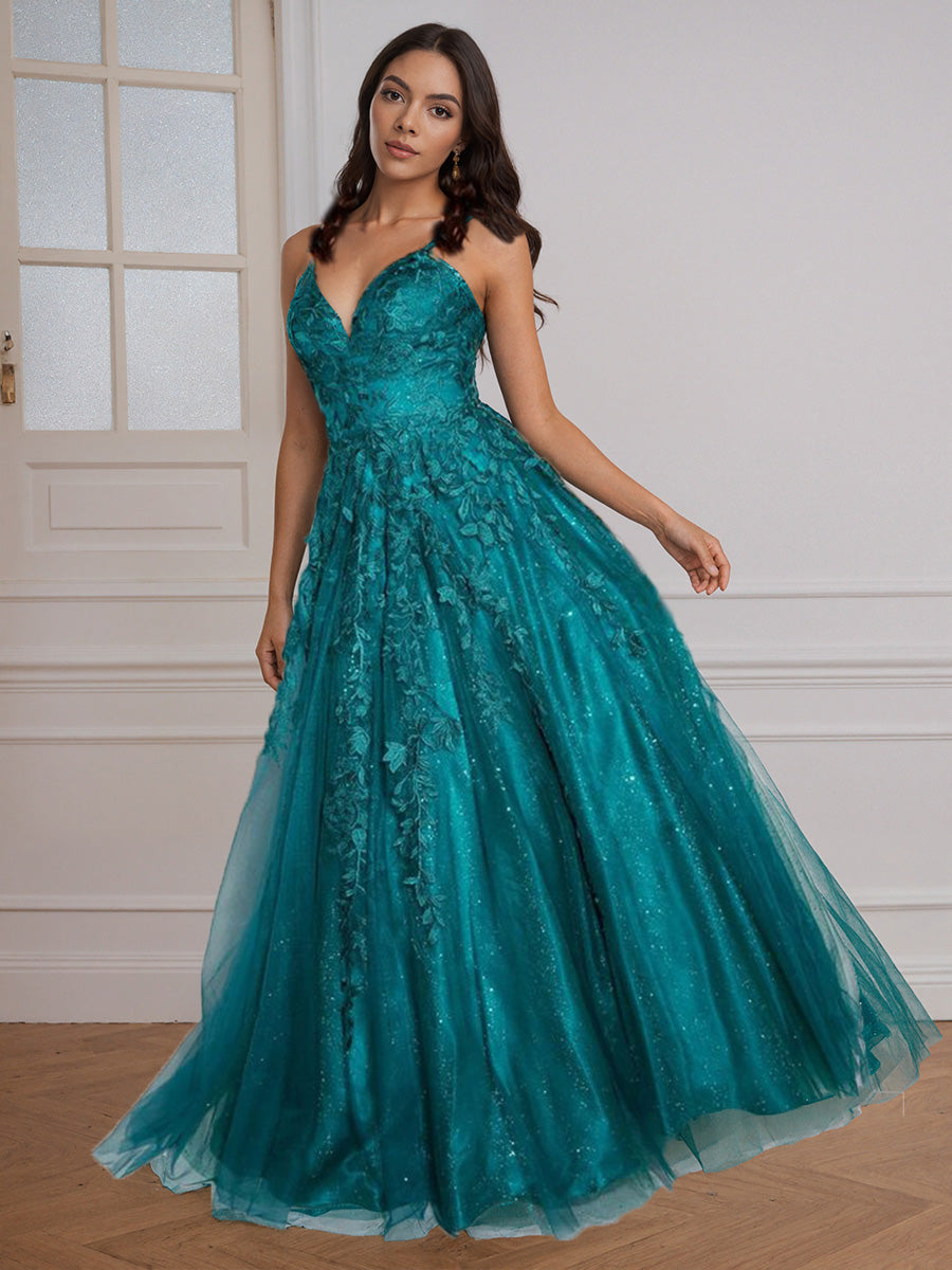 Cicinia Robe de Soirée Teal Longue A-Line en Dentelle et Tulle Décolleté en V Longueur Sol Élégante