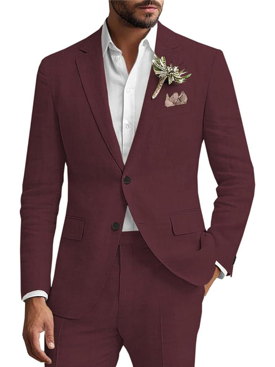 Costume Homme 2 Pièces BORDEAUX en Lin Pour le Marié et les Affaires Décontractées Élégance Respirante