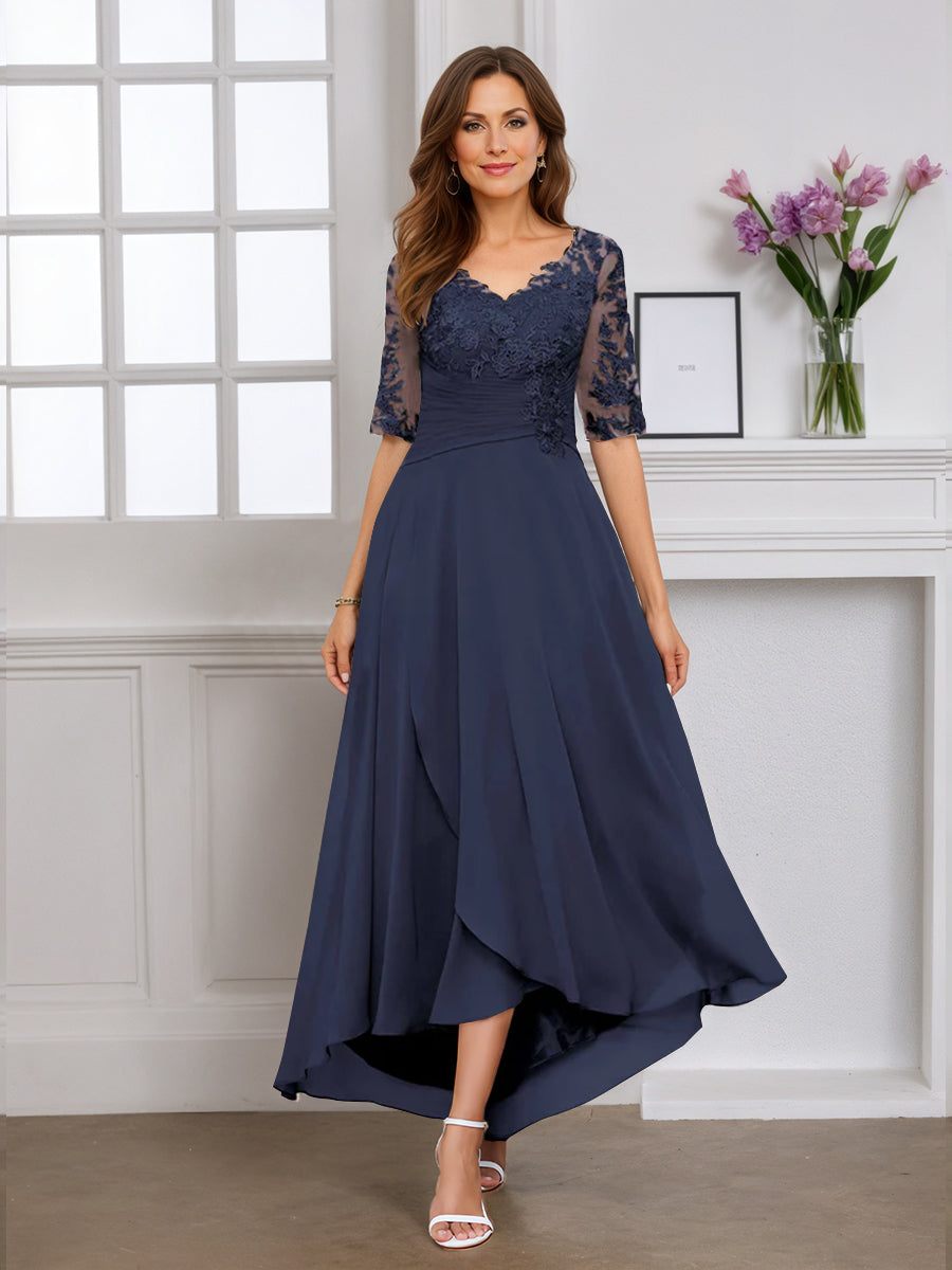 Cicinia Robe pour Mère de la Mariée BLEU MARINE Longue A-Line en Mousseline Dentelle Manches Demi-longues Décolleté en V Ourlet Asymétrique