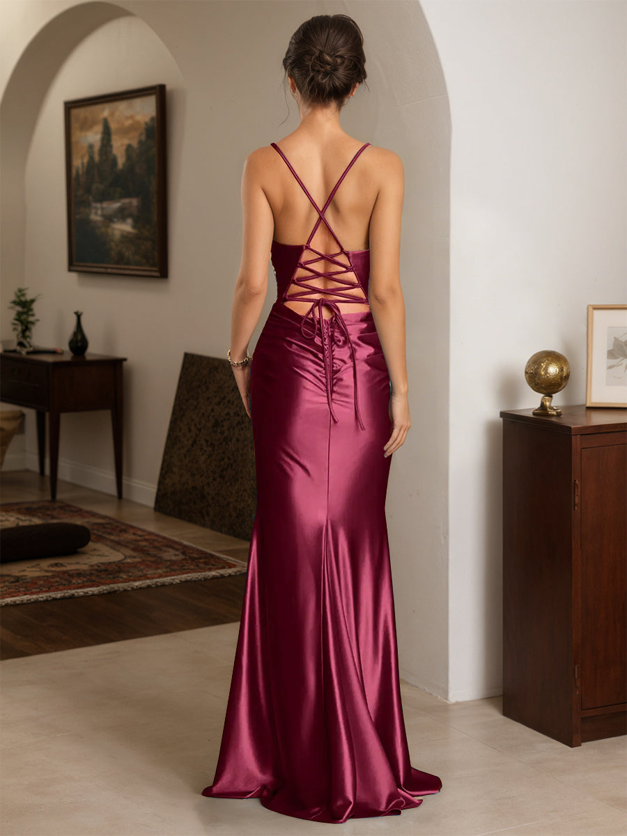 Cicinia Robe de Soirée MuRE Longue en Satin Extensible Fourreau à Bretelles Spaghetti Dos Nud Chic