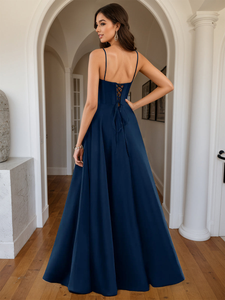 Cicinia Bleu Marine Robe de Soirée Longue A-Line en Satin à Bretelles Spaghetti Décolleté Cœur Longueur Sol