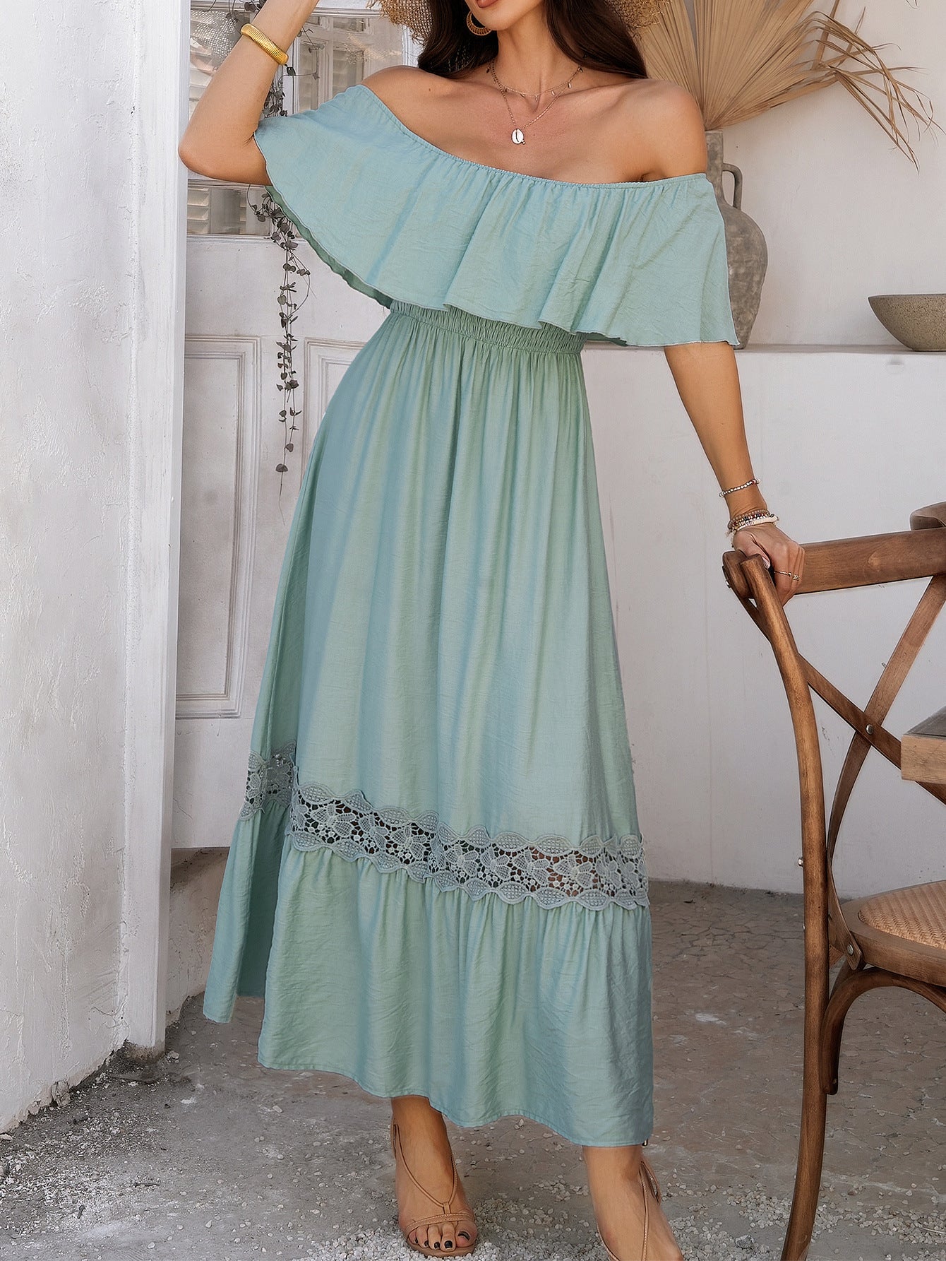Robe Invitée Mariage Celadon Epaule Dénudée Manches Courtes Bustier Volanté