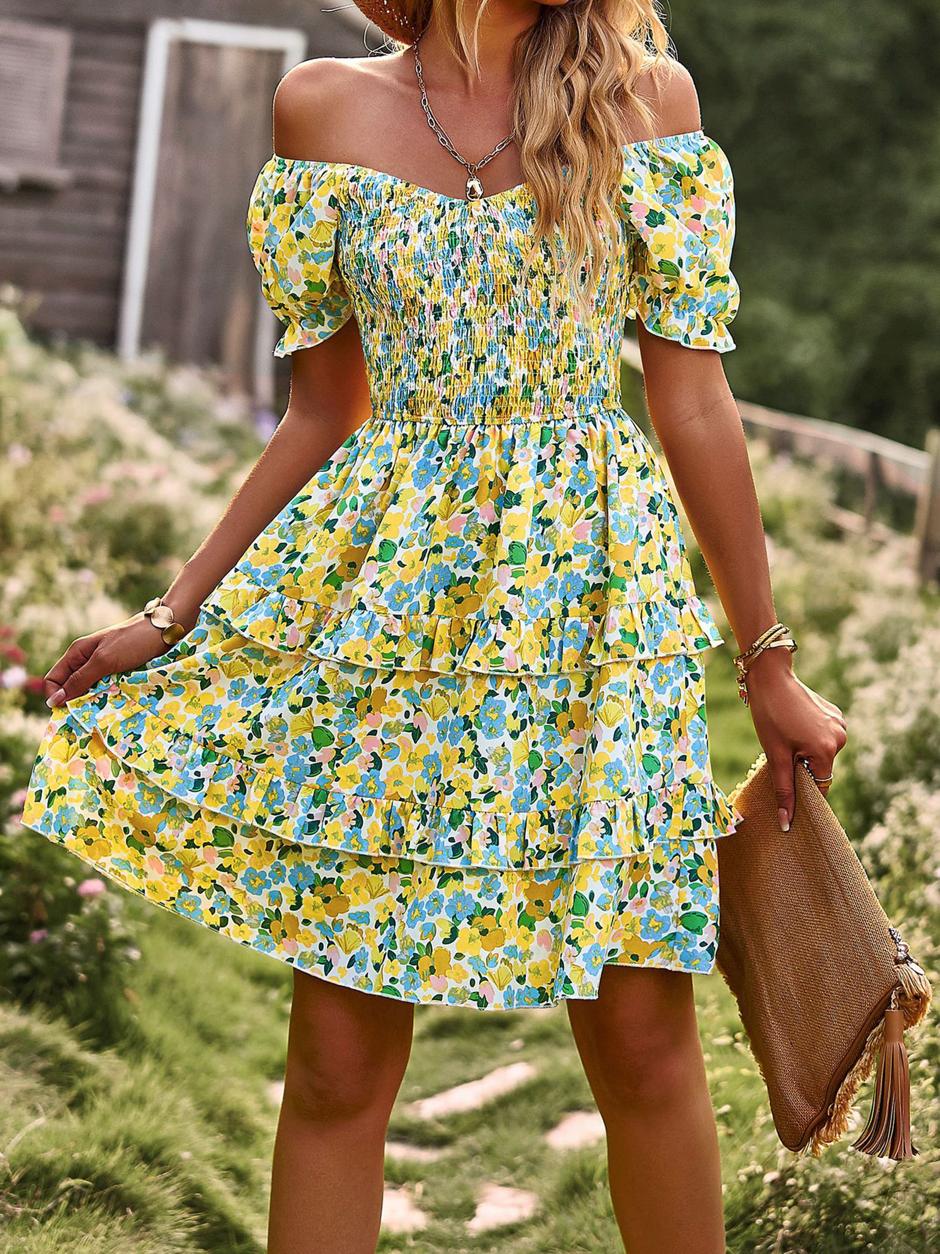 Robe Col Rond Manches Courtes Trapèze Robe Invitée de Mariage en Jaune