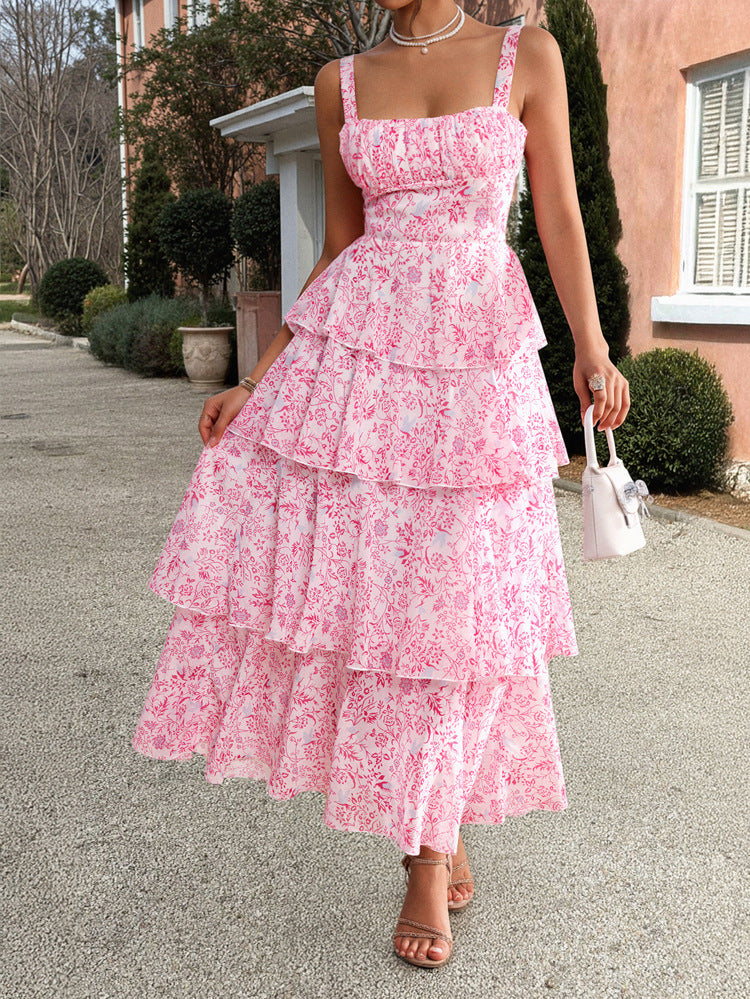 Robe Invitée Mariage Rose Encolure Carrée Bretelles Fines à Superpositions