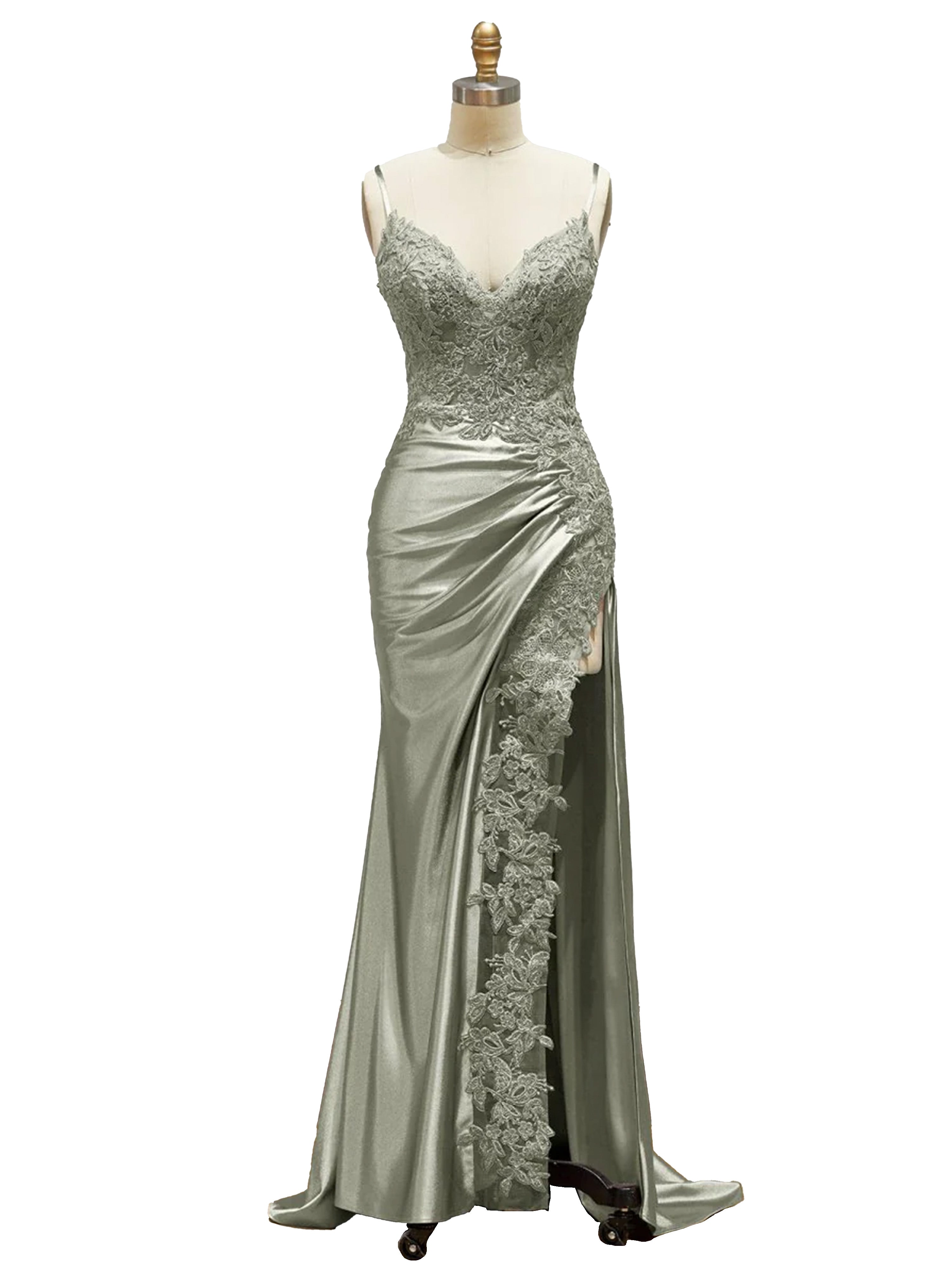 Robe de Soirée SAUGE POUDREE Col V Bretelles Spaghetti en Dentelle Fourreau Fendue Robe de Bal