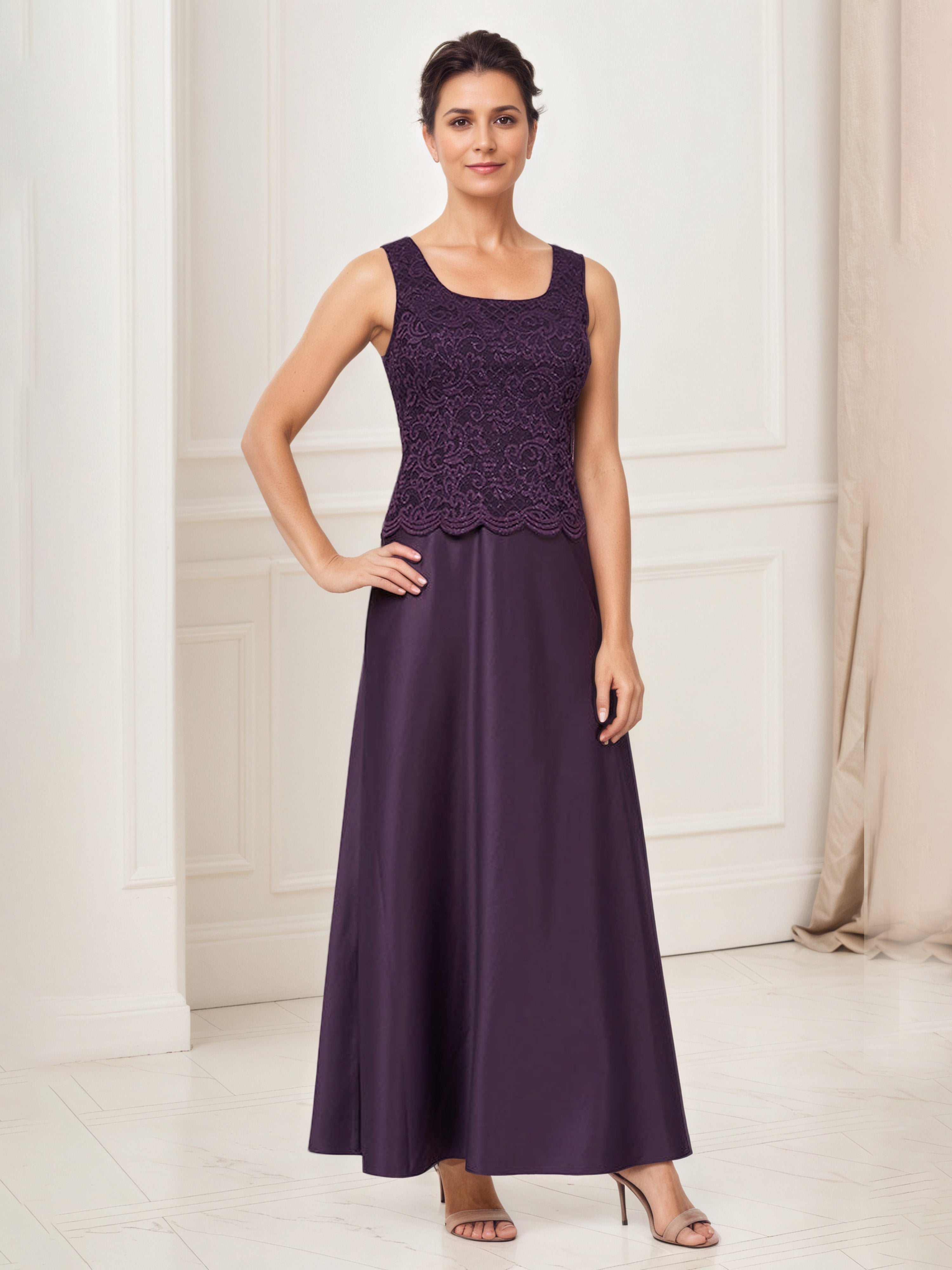 Tenue Mère De la Mariée Très Chic Aubergine Col Rond Robe Ensemble Manches 3/4 Avec Veste en Dentelle
