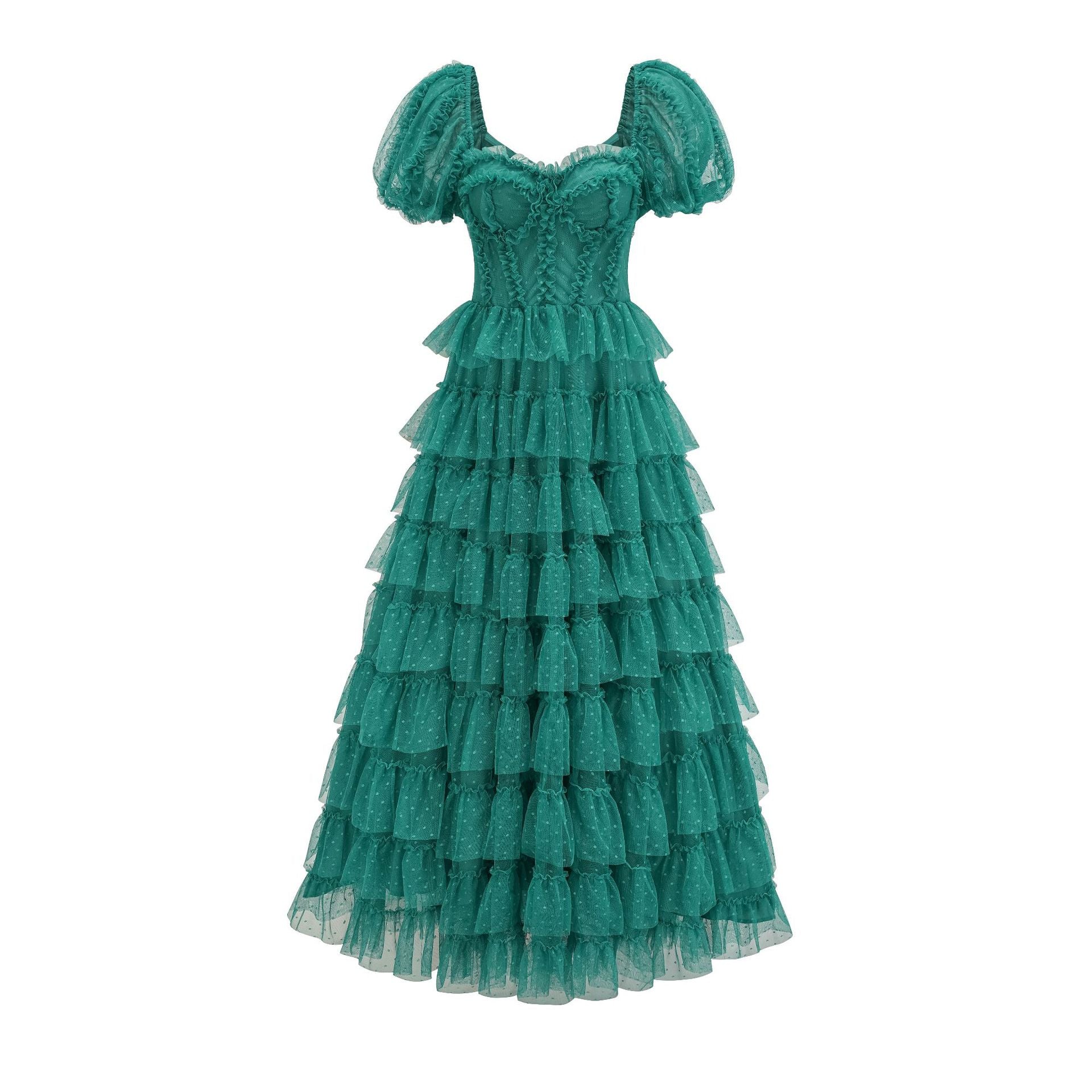 Robe Longue Trapèze Cache Cœur Manches Courtes Robe de Soirée en Paon