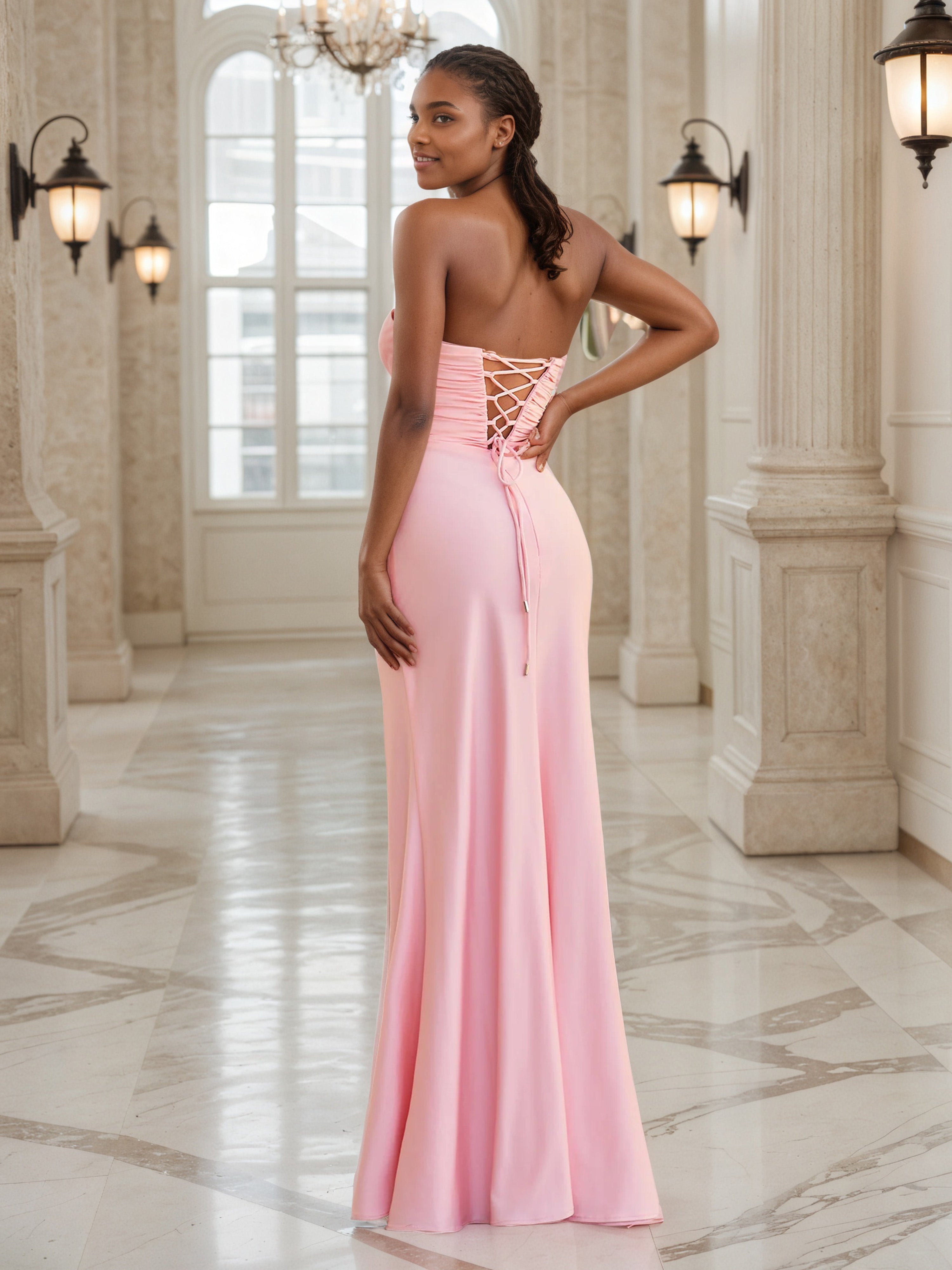 Robe de Soirée ROSE Col Bustier Fourreau avec Ouverture en Forme de Trou