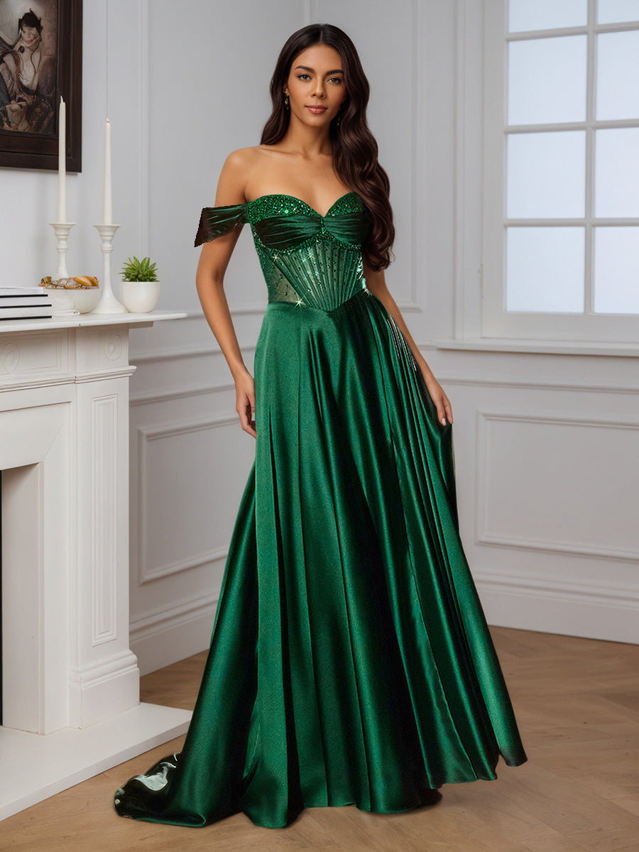 Cicinia Robe de Soirée Vert Longue A-Line Perlé Épaules Dénudées Traîne Balayée Ravissante