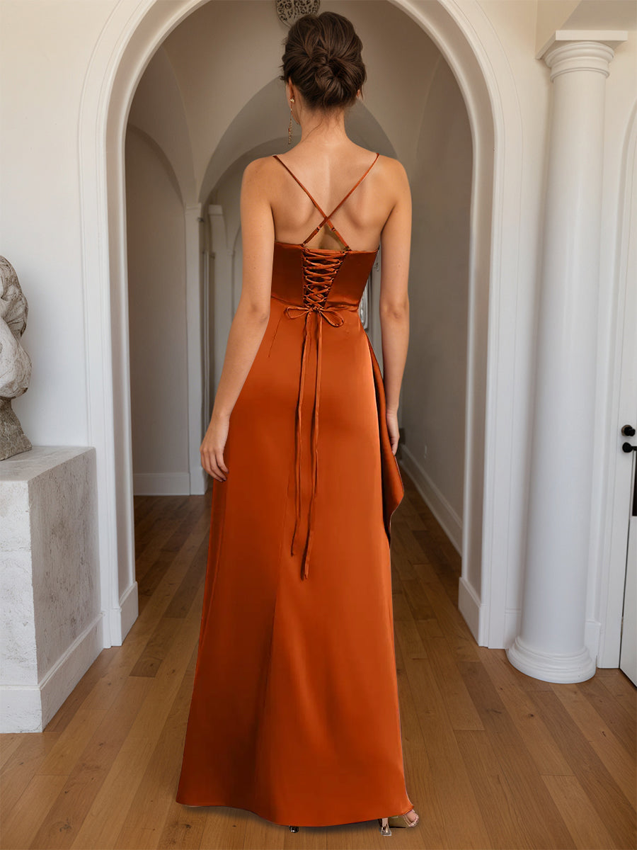 Cicinia Orange Brûlé Robe de Soirée Longue Fourreau à Bretelles Spaghetti Fente Longueur Sol