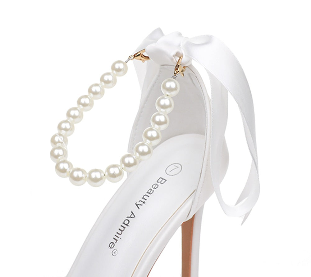 Bout Ouvert Sandales à Talons Hauts à Brides avec Perles et Ruban pour Mariage