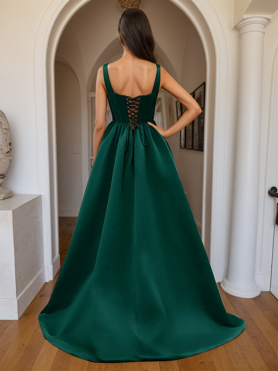 Cicinia Robe de Soirée VERT FONCE Longue A-Line en Satin Décolleté Carré Ravissante