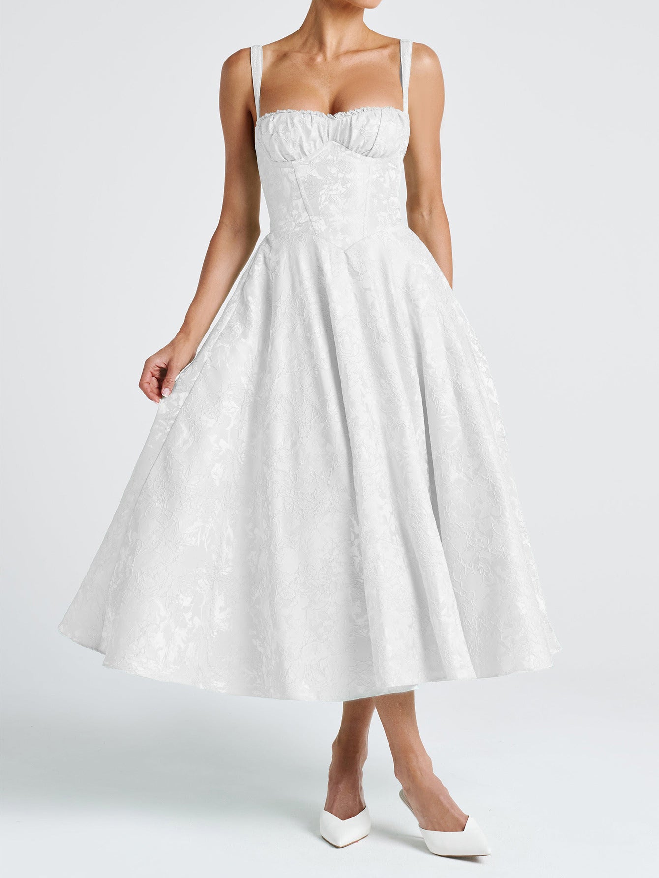 Robe Invitée Mariage IVOIRE Florale Encolure Illusion Bretelles Élégantes