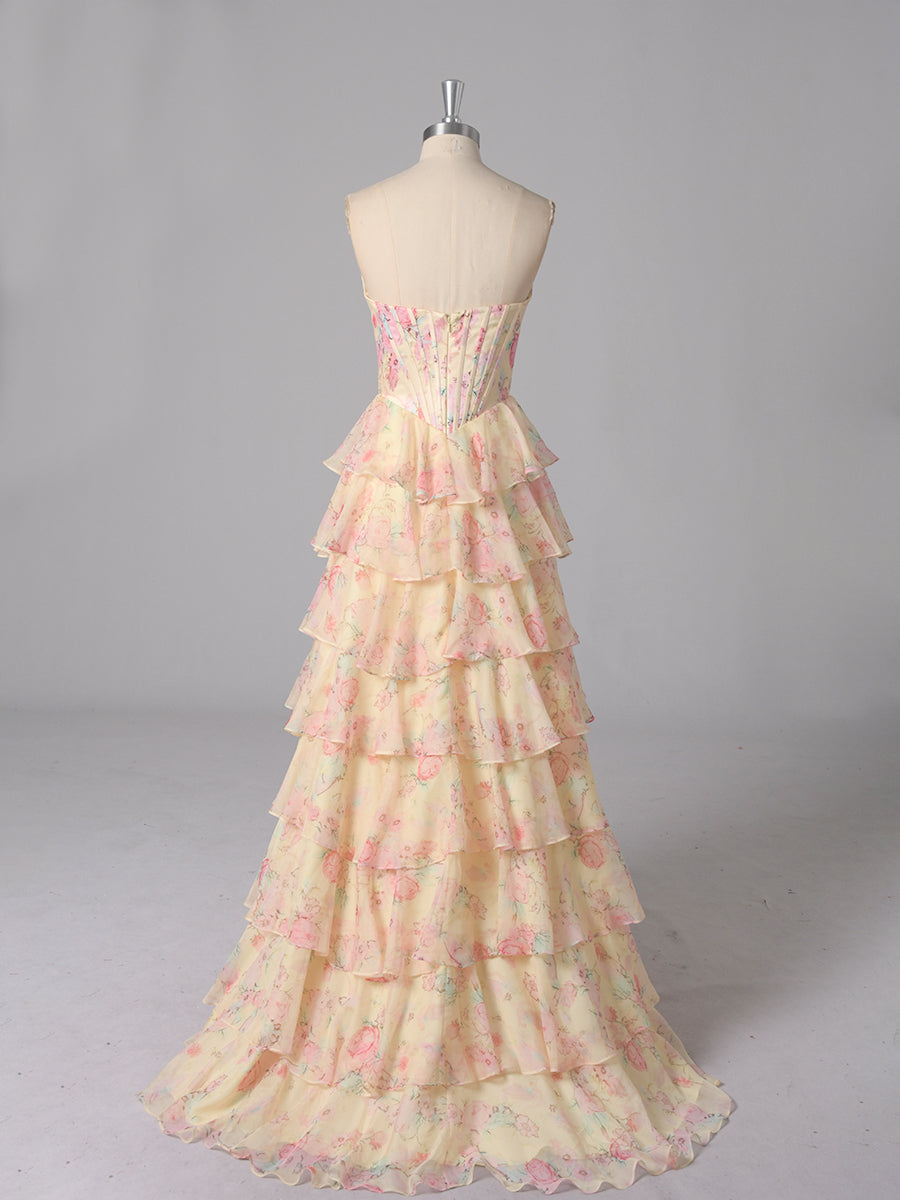 Cicinia Jaune Robe de Soirée Longue en Tissu Imprimé A-Line sans Manches Fente à Volants