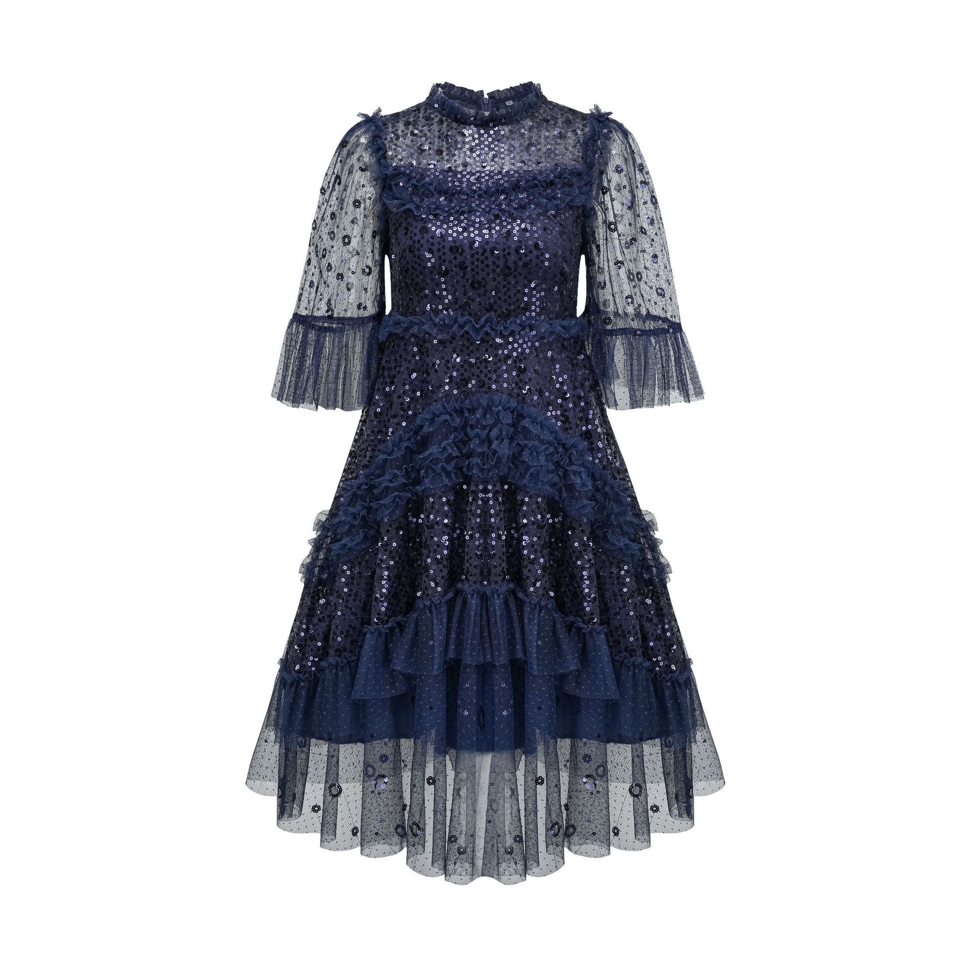 Robe Courte Trapèze Col Rond Paillettes Manches 3/4 Robe de Soirée en Bleu Marine