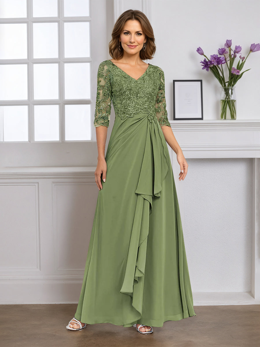 Cicinia Robe pour Mère de la Mariée SAUGE POUDREE Longue A-Line en Mousseline Dentelle Décolleté en V Longueur Sol