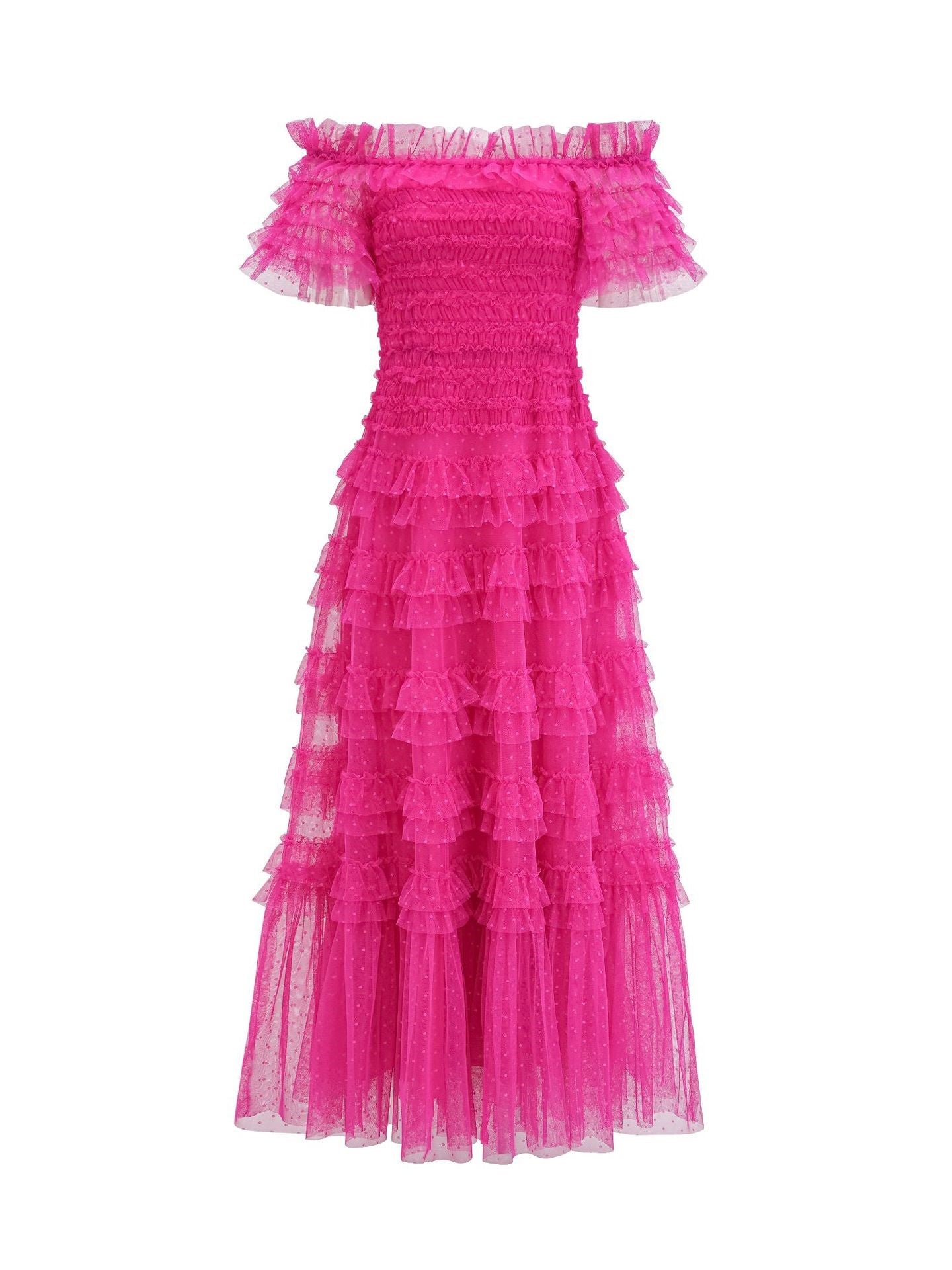 Robe Trapèze Épaule Dénudée Manches Courtes Robe de Soirée en Fuchsia