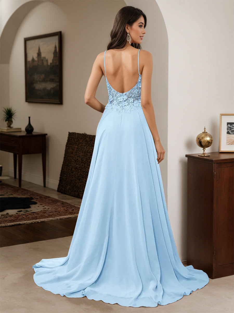 Cicinia Robe de Soirée BLEU CIEL Longue A-Line en Mousseline à Bretelles Spaghetti Dos Nud
