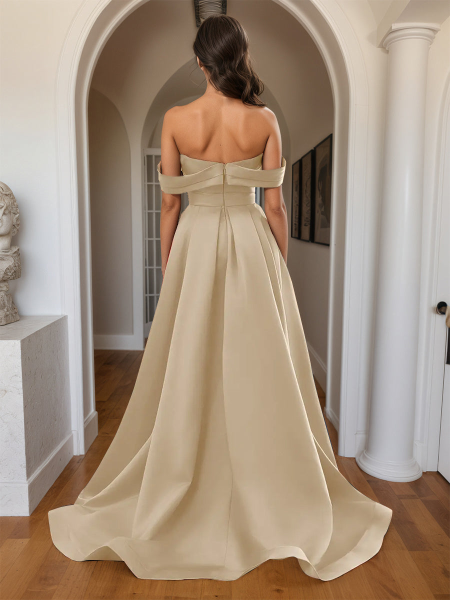 Cicinia CHAMPAGNE Robe de Soirée Longue Fourreau en Satin Doux Fente Épaules Dénudées