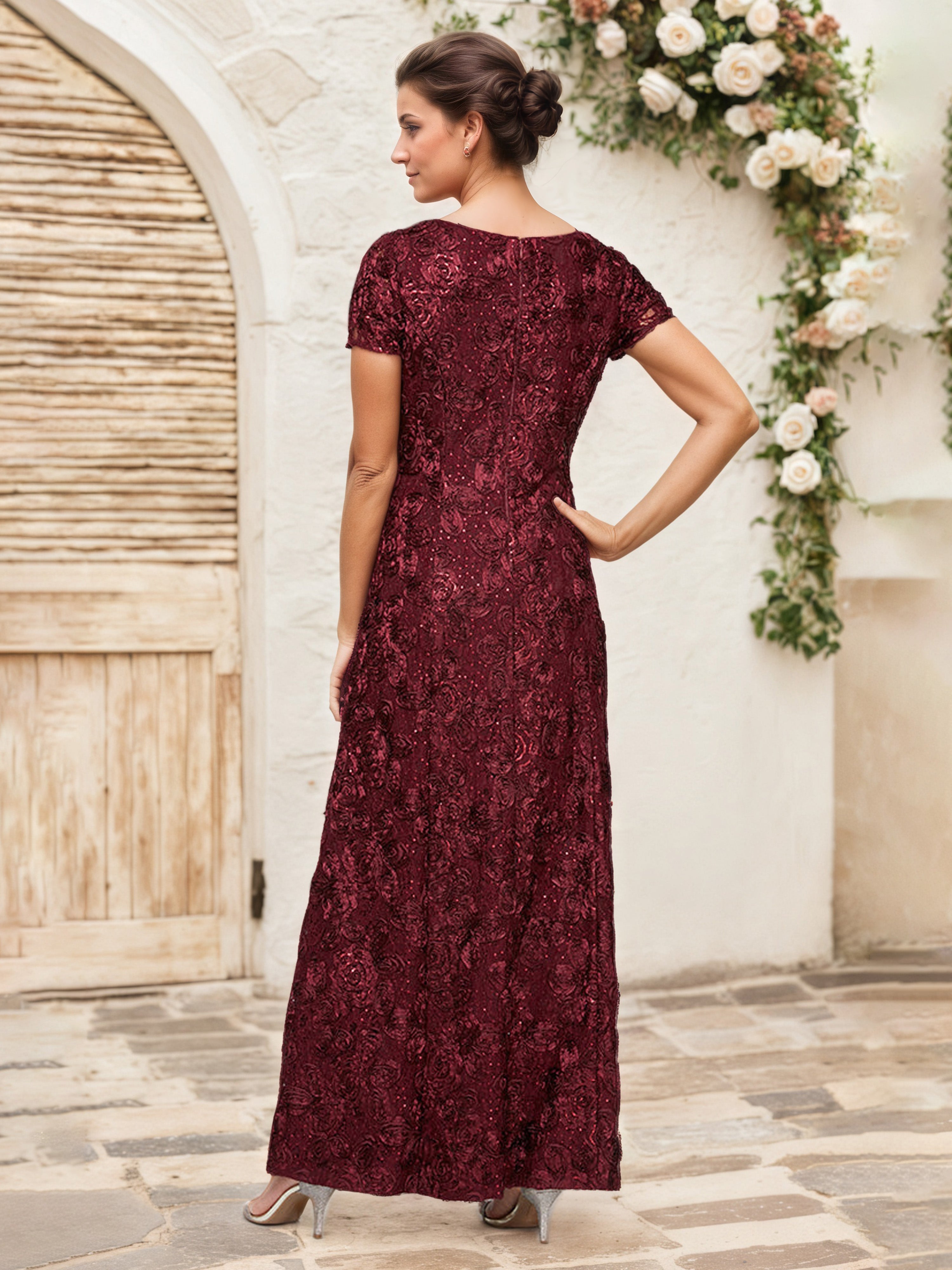 Robe Cérémonie Mariage Mère Du Marié BORDEAUX Paillettes Florales Fourreau/Colonne Robe Mère de la Mariée