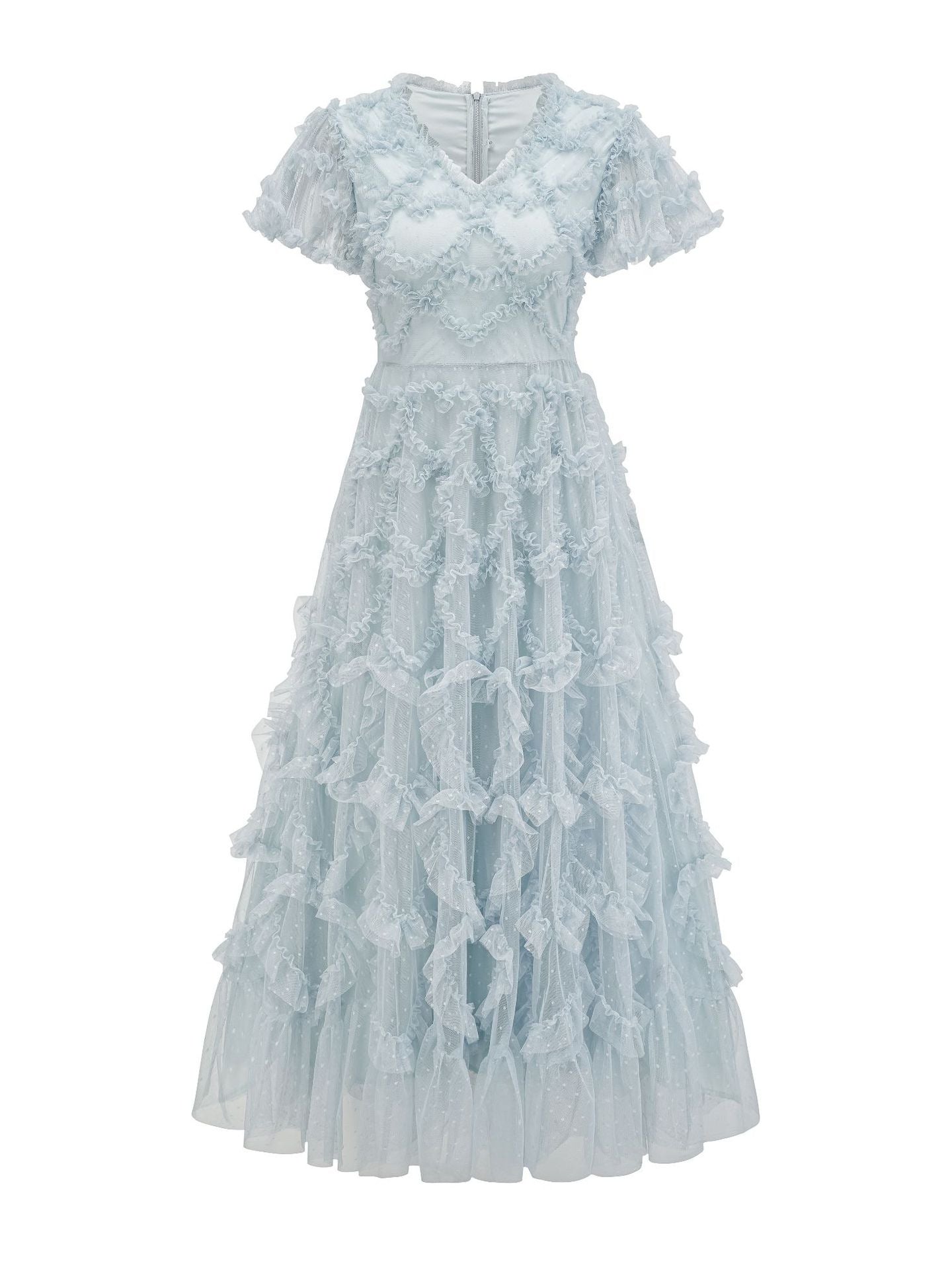 Robe Longue Trapèze Col V Manches Courtes Robe de Soirée en Brume