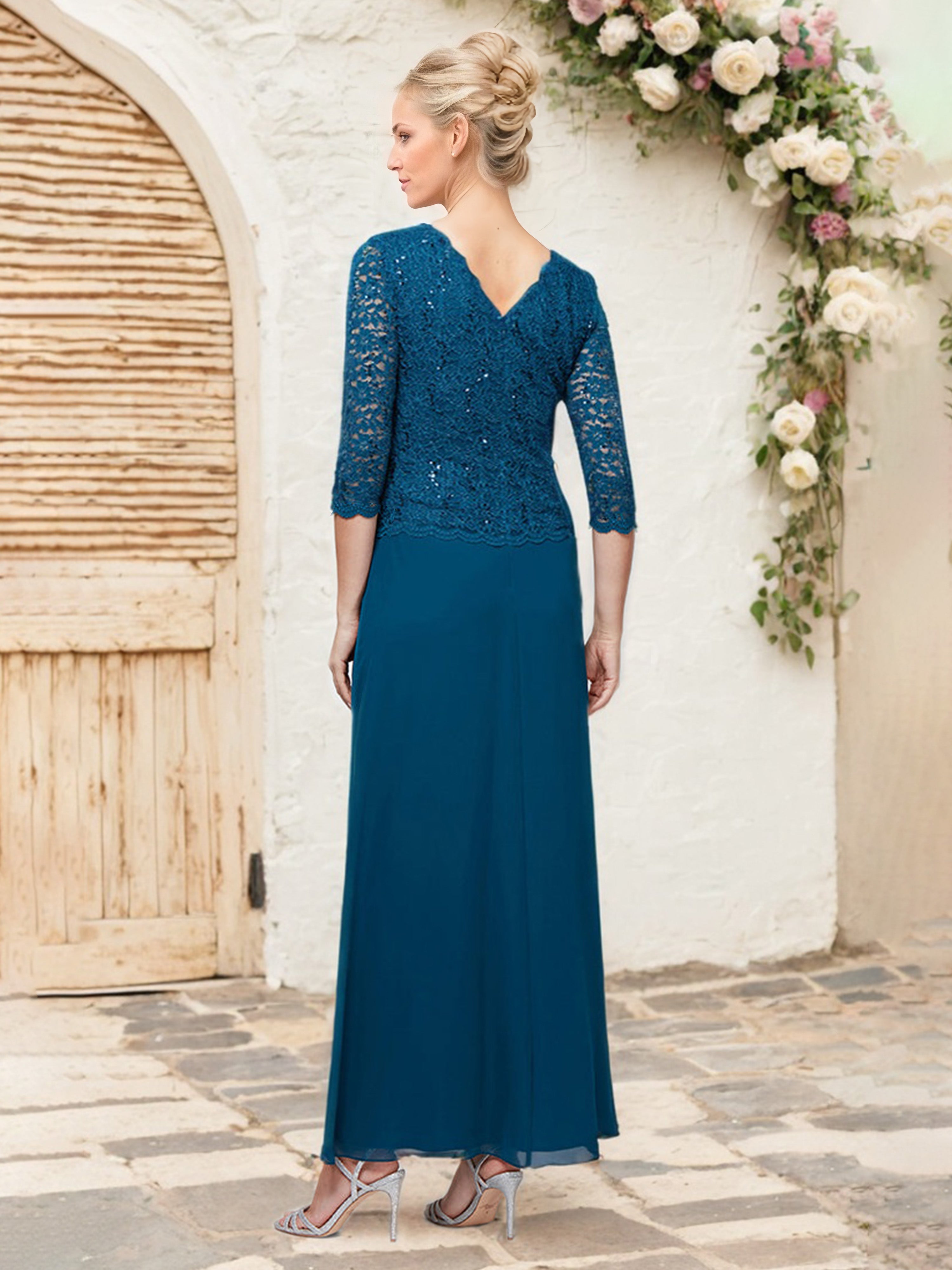 Robe Cérémonie Mariage Mère Du Marié BLEU ENCRE Manches 3/4 Dentelle et Mousseline Robe Mère de la Mariée