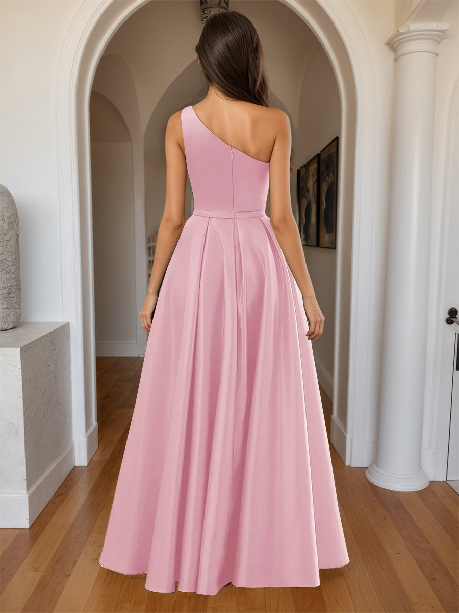 Cicinia Robe de Soirée Rose Longue A-Line en Satin Une Épaule Fente Longueur Sol