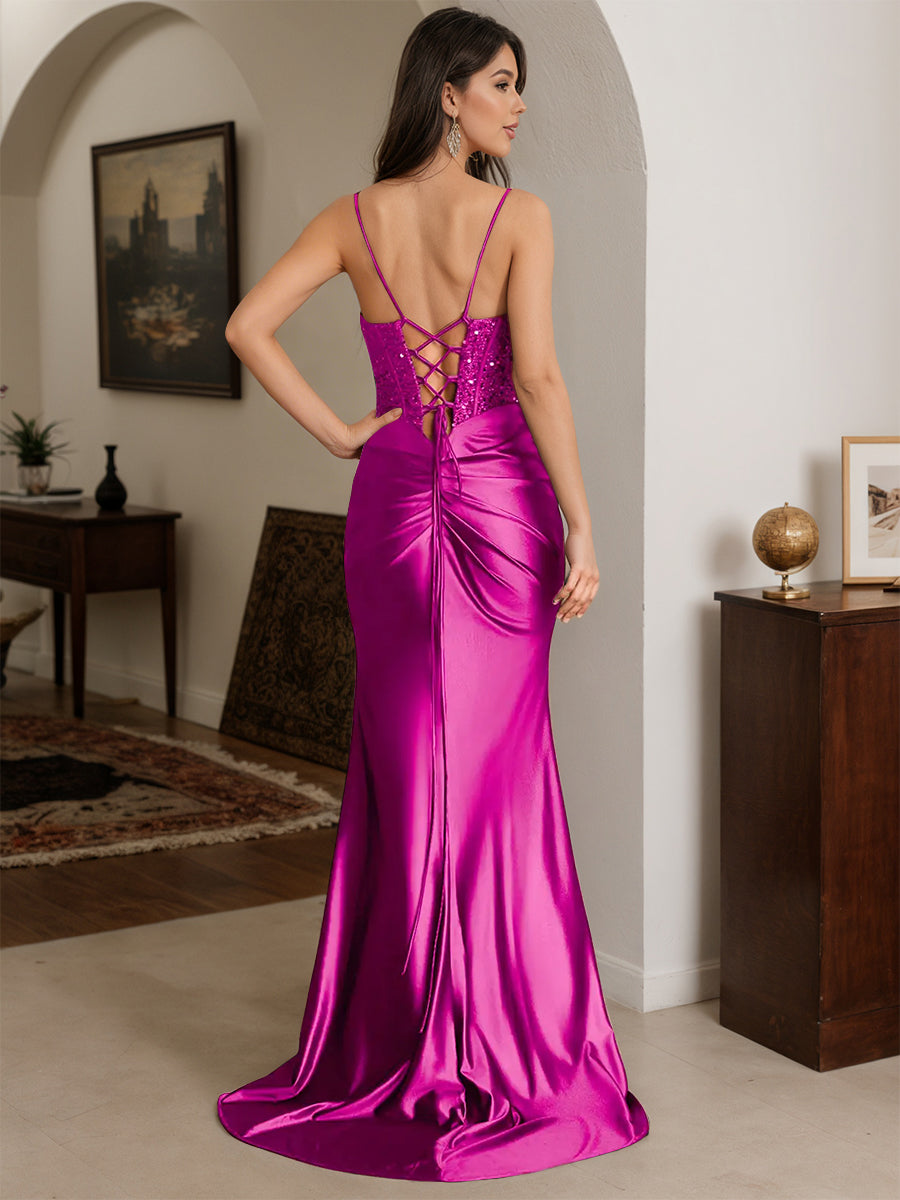 Cicinia Robe de Soirée Orchidée Longue en Satin Extensible Fourreau à Bretelles Spaghetti avec Traîne Balayée