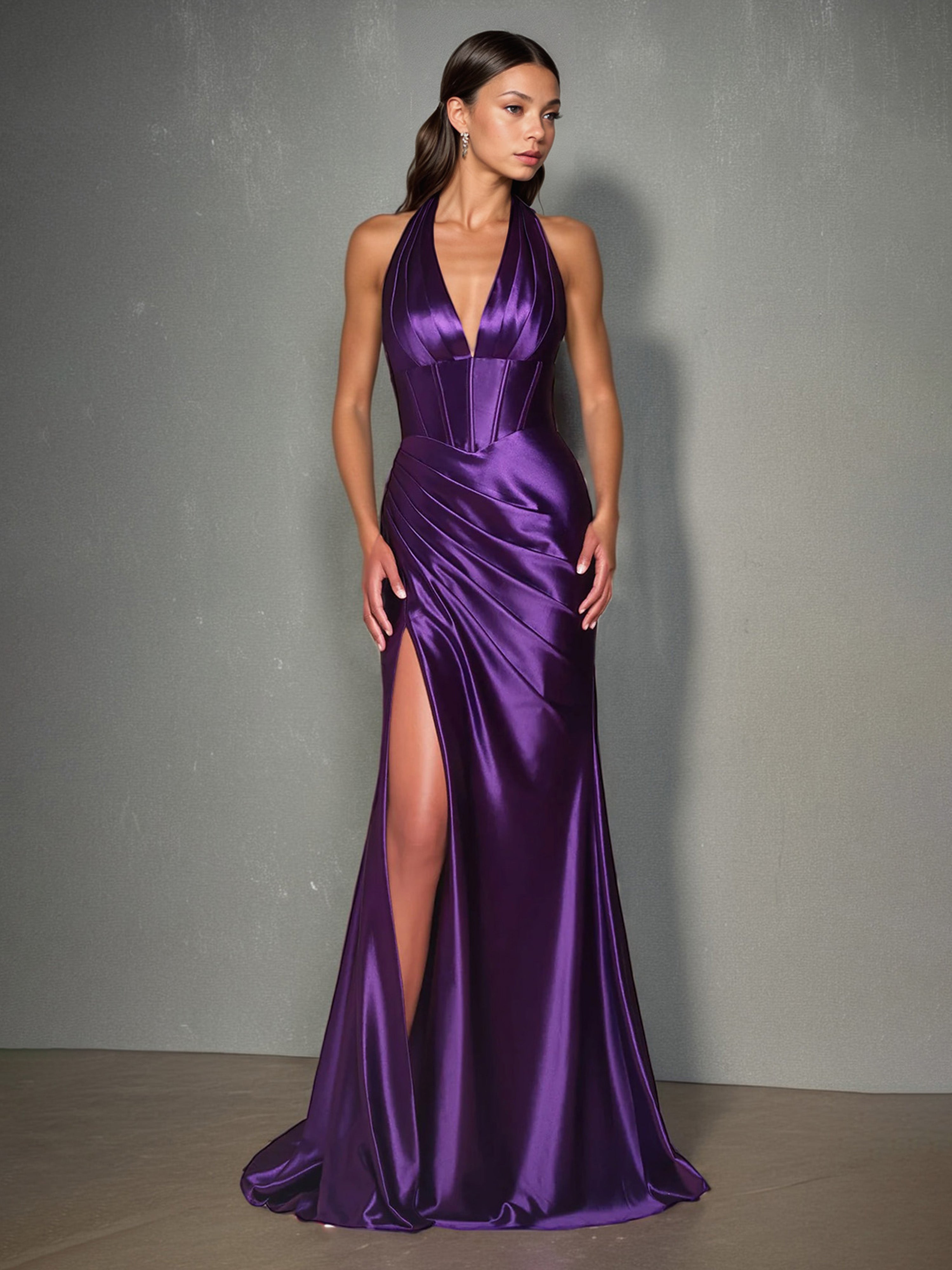 Robe de Soirée RAISIN Licou Sirène Fendue Satin Extensible Robe Plissée