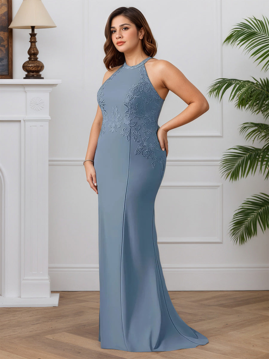 Cicinia Bleu Poussiéreux Robe pour Mère de la Mariée Longue en Tissu Extensible Licou Fourreau sans Manches Grande Taille