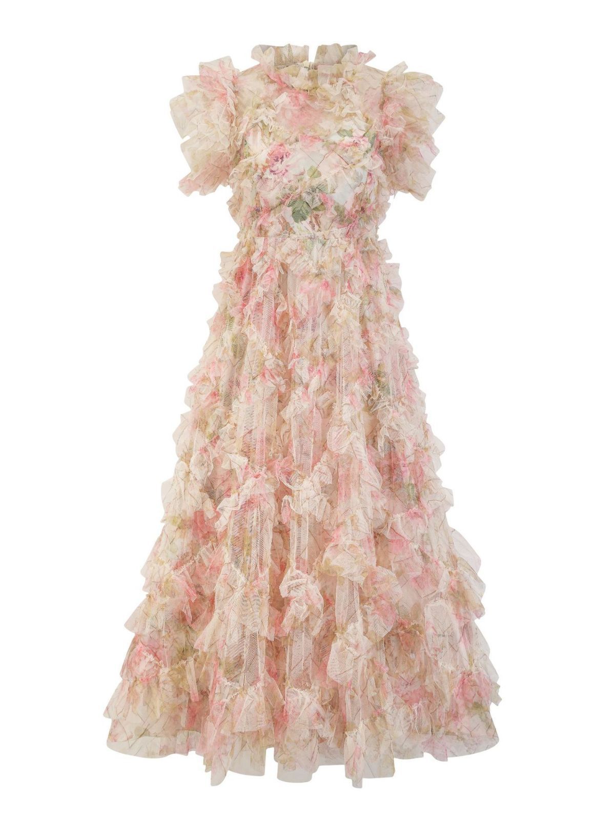 Trapèzes Col Rond Longueur Ras de la Cheville Manche Bouffante Florale Tulle Robes Demoiselle d'Honneur en ROSE