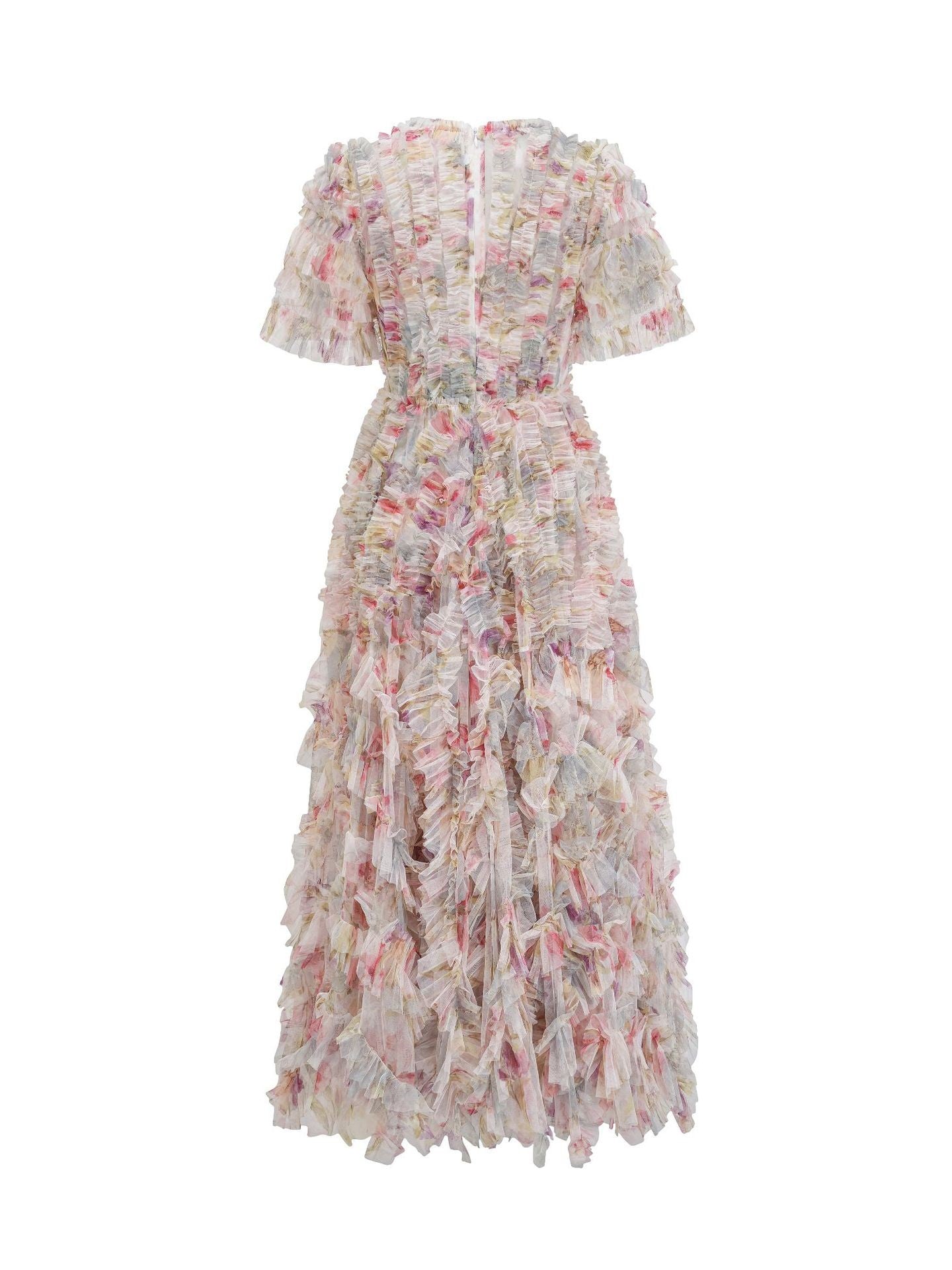 Trapèzes Col V Tulle Mancheron Mi-longue Robes Demoiselle d'Honneur Florale en ROSE
