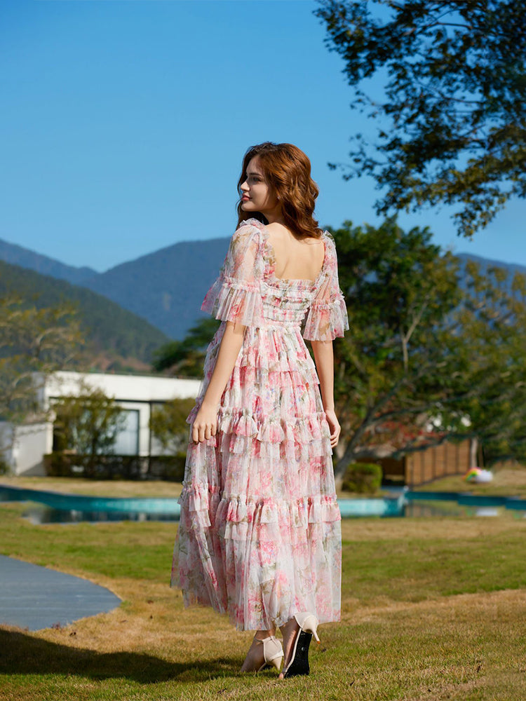 Trapèzes Col Carré Volant Longueur Ras de la Cheville Robes de Demoiselle d'Honneur en ROSE