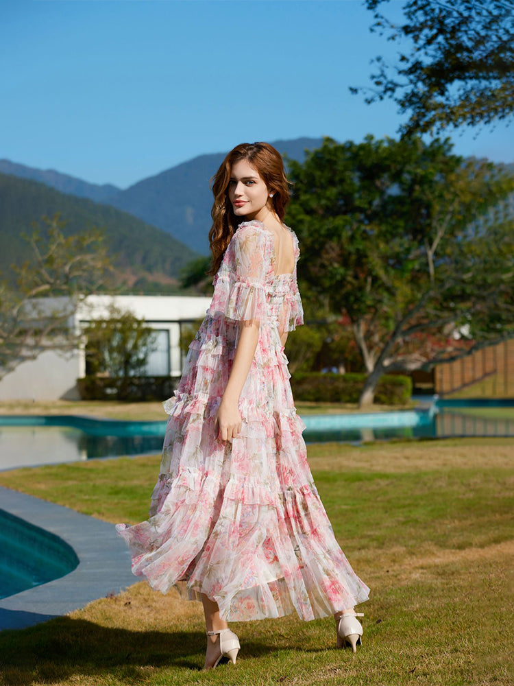 Trapèzes Col Carré Volant Longueur Ras de la Cheville Robes Invitée de Mariage en ROSE