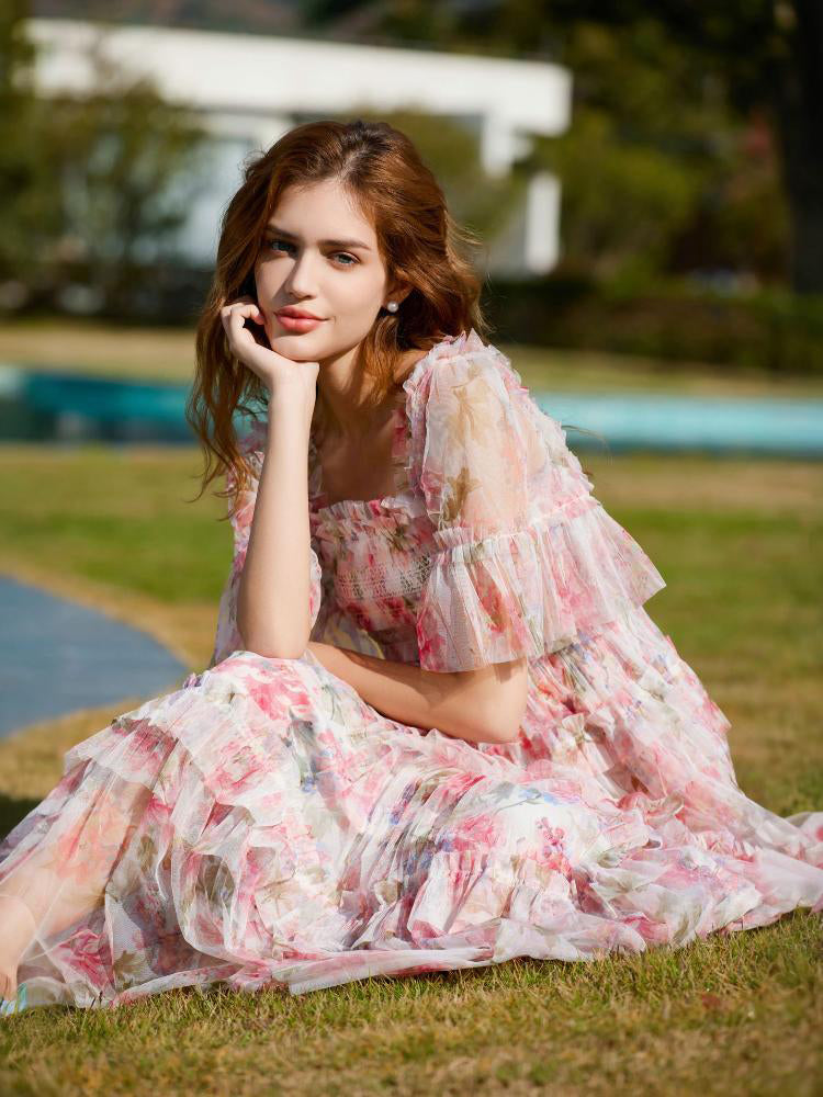 Trapèzes Col Carré Volant Longueur Ras de la Cheville Robes Invitée de Mariage en ROSE