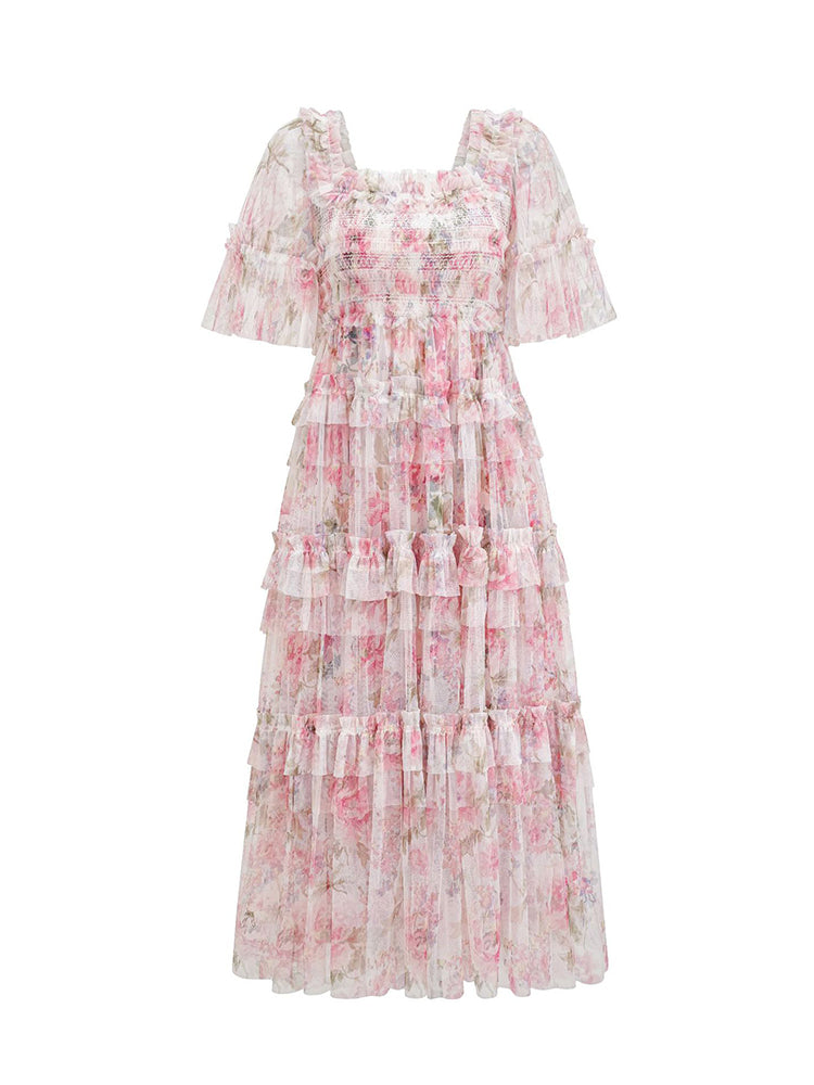 Trapèzes Col Carré Volant Longueur Ras de la Cheville Robes de Demoiselle d'Honneur en ROSE