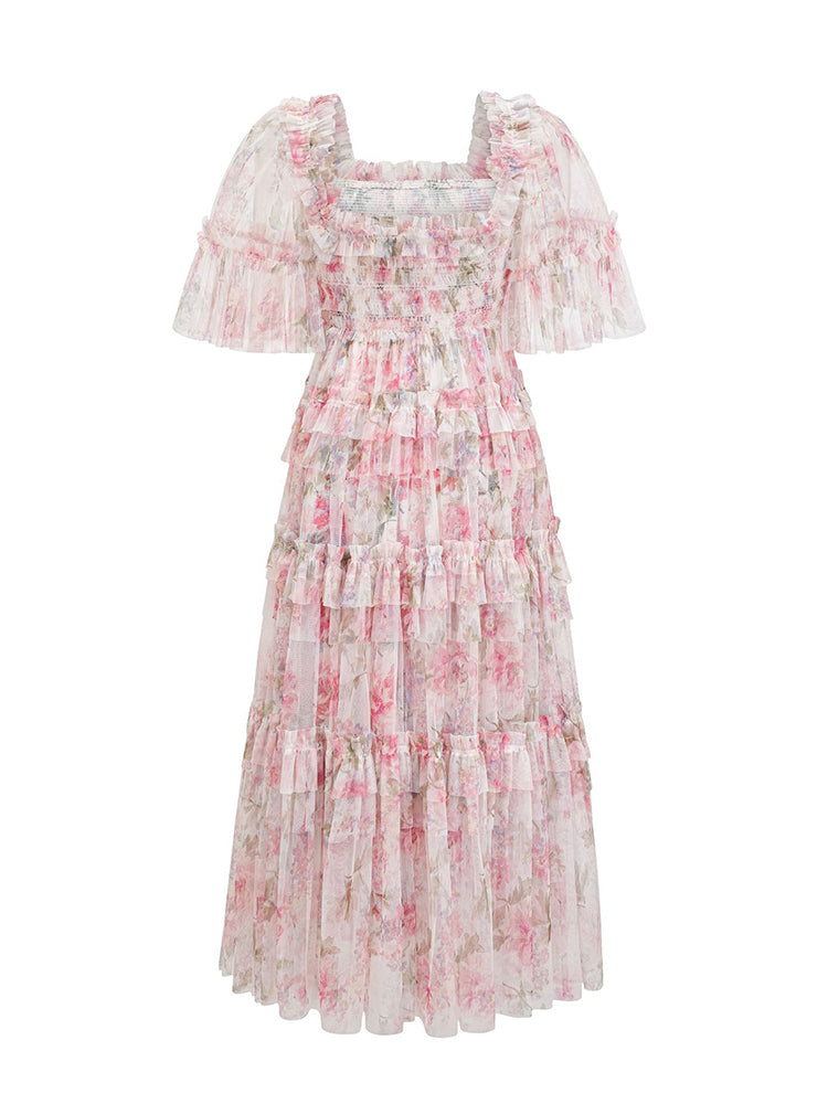 Trapèzes Col Carré Volant Longueur Ras de la Cheville Robes Invitée de Mariage en ROSE