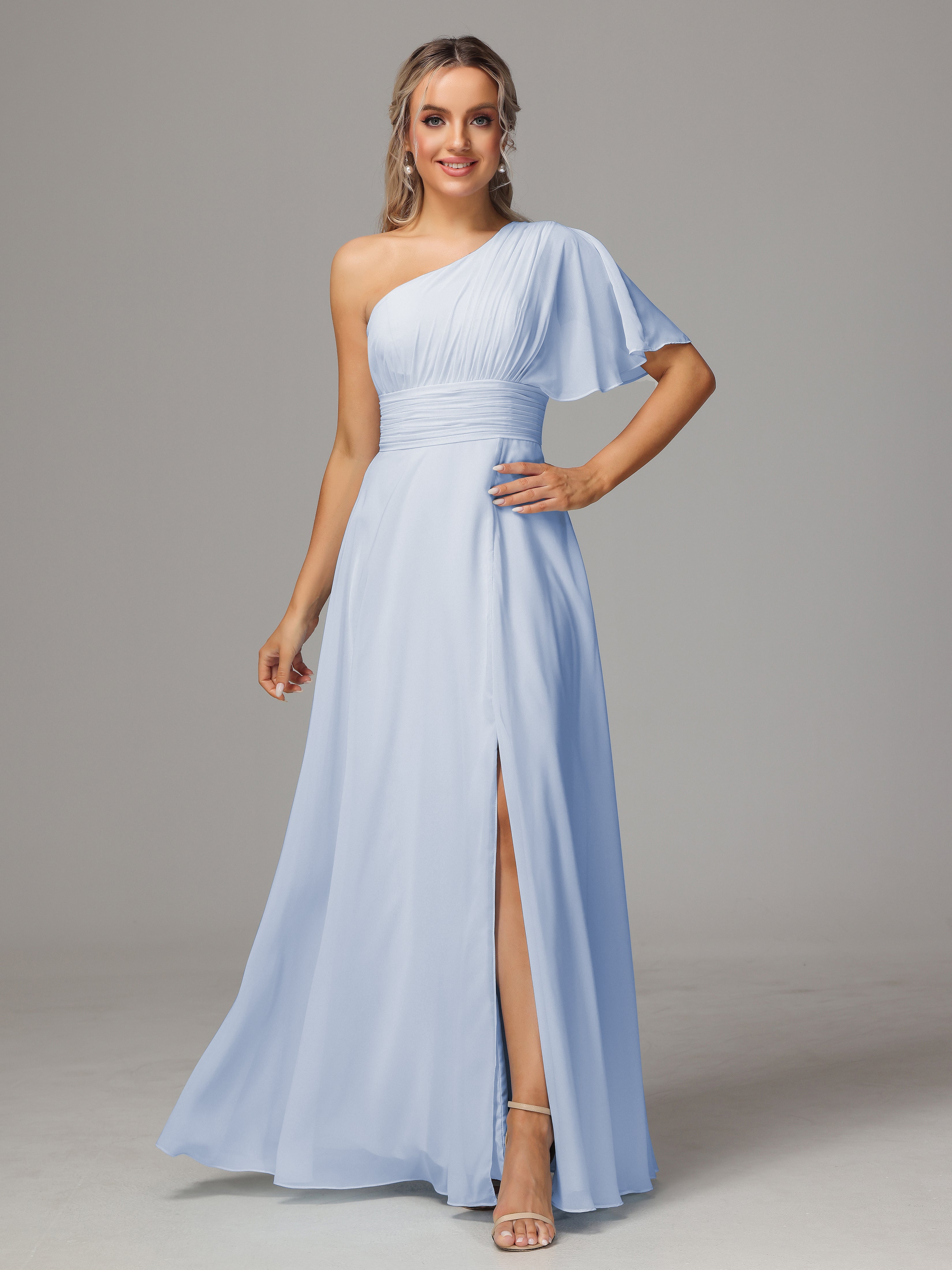 Robe De Demoiselle D Honneur Bleu Ciel Fendue Seule Épaule Mousseline Robe Demoiselle D'Honneur
