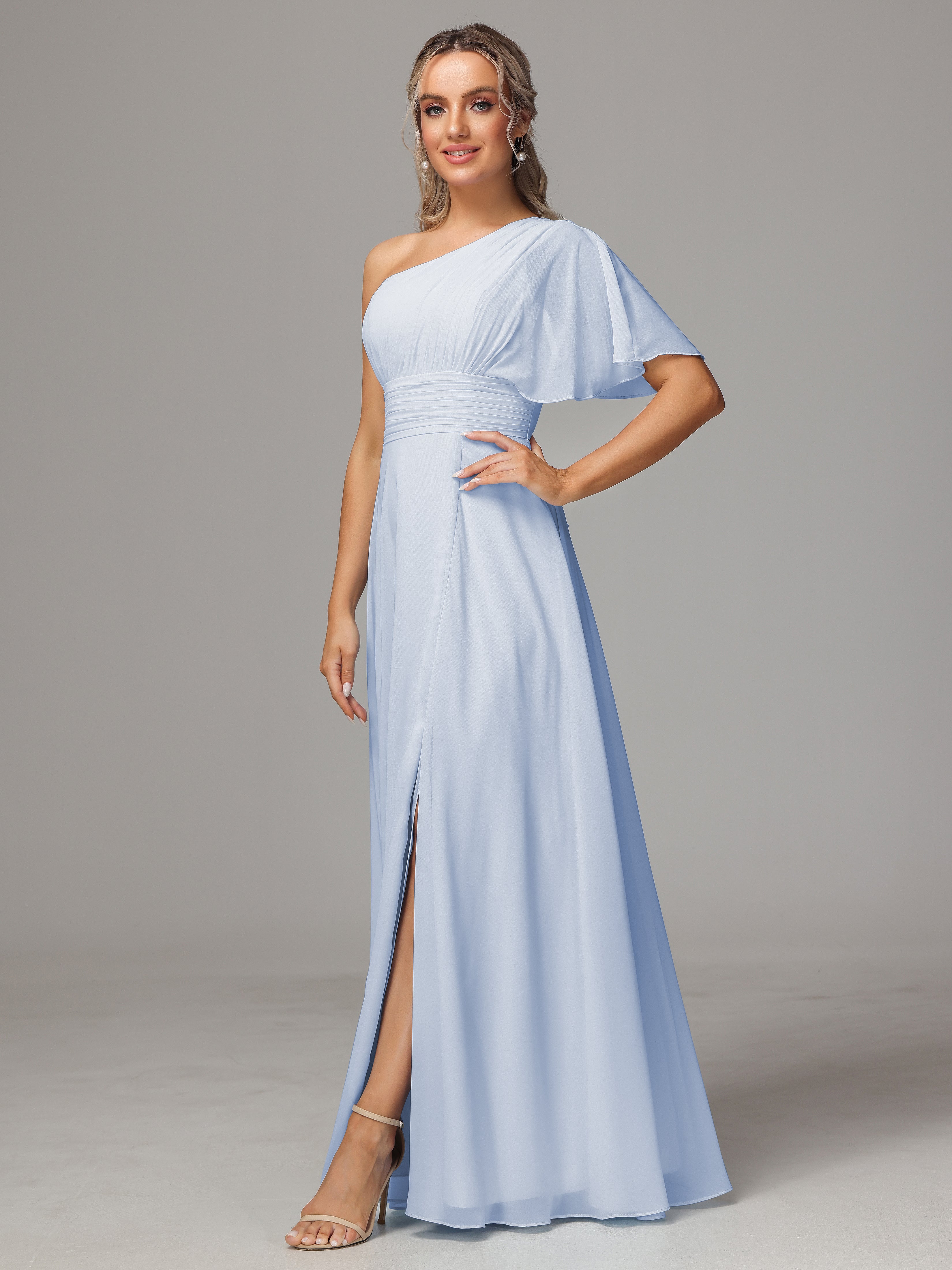 Robe De Demoiselle D Honneur Bleu Ciel Fendue Seule Épaule Mousseline Robe Demoiselle D'Honneur