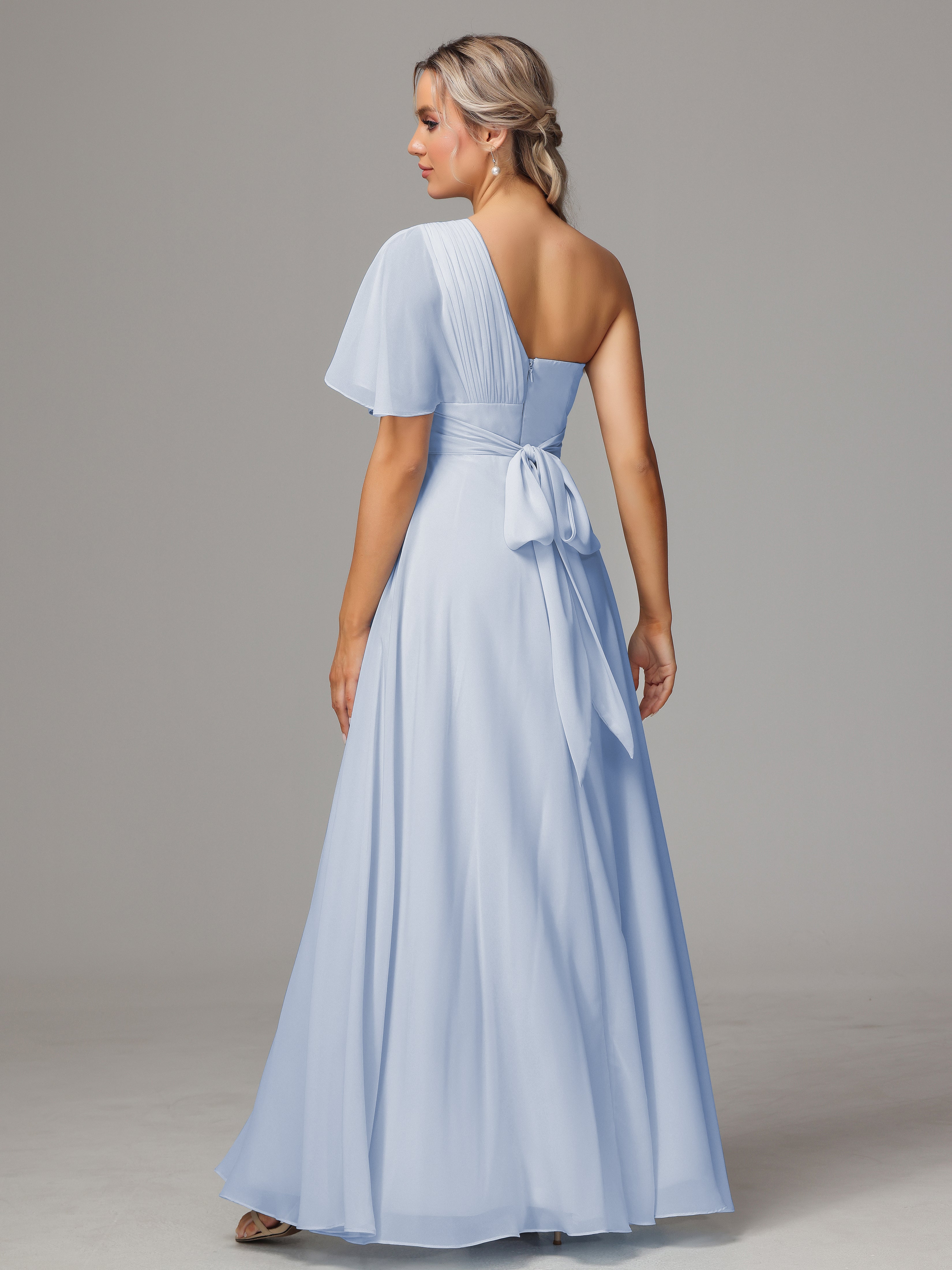 Robe De Demoiselle D Honneur Bleu Ciel Fendue Seule Épaule Mousseline Robe Demoiselle D'Honneur