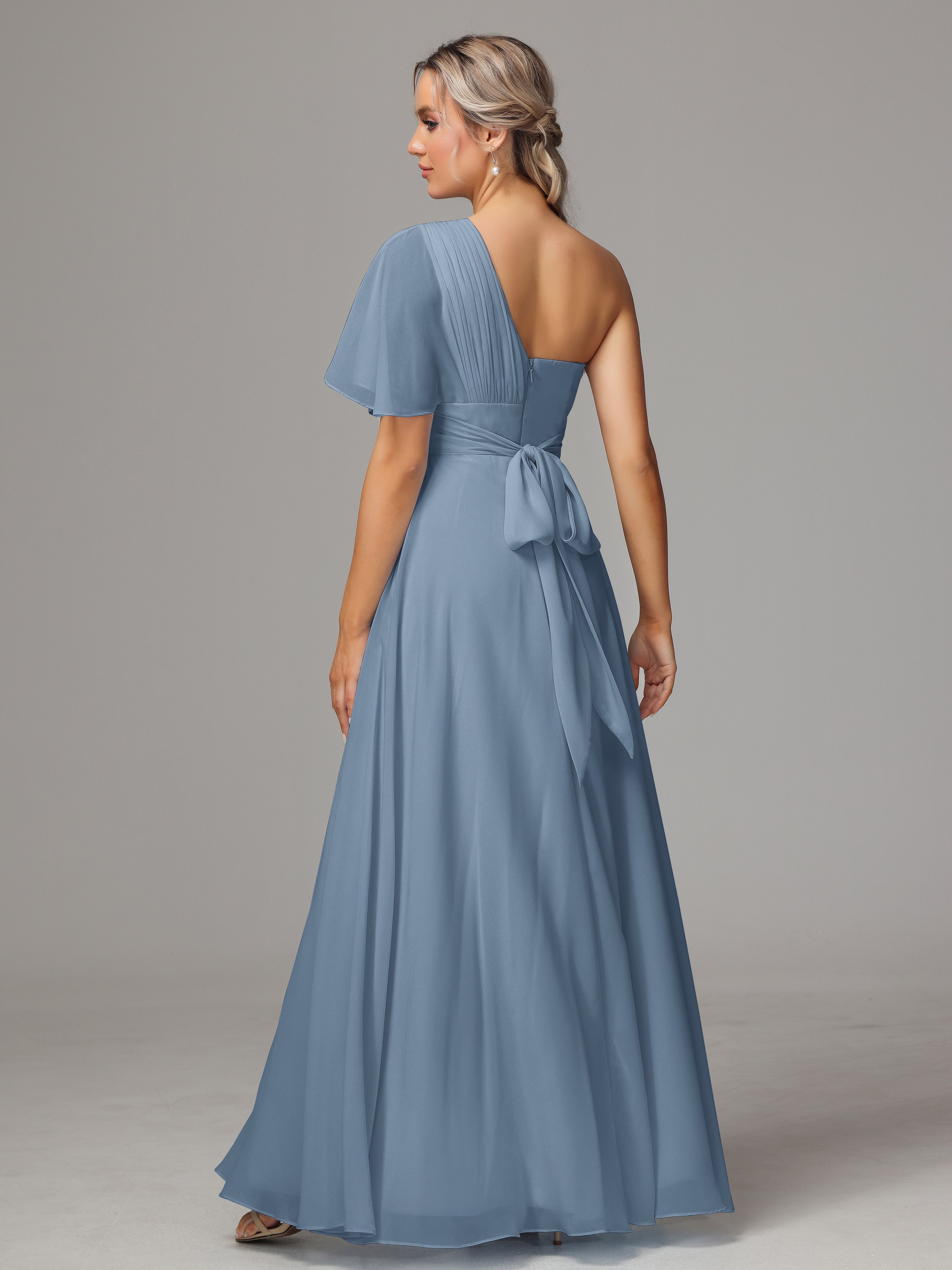 Robes De Demoiselle D'Honneur Bleu De Schiste Fendue Seule Épaule Mousseline Robe Demoiselle D'Honneur