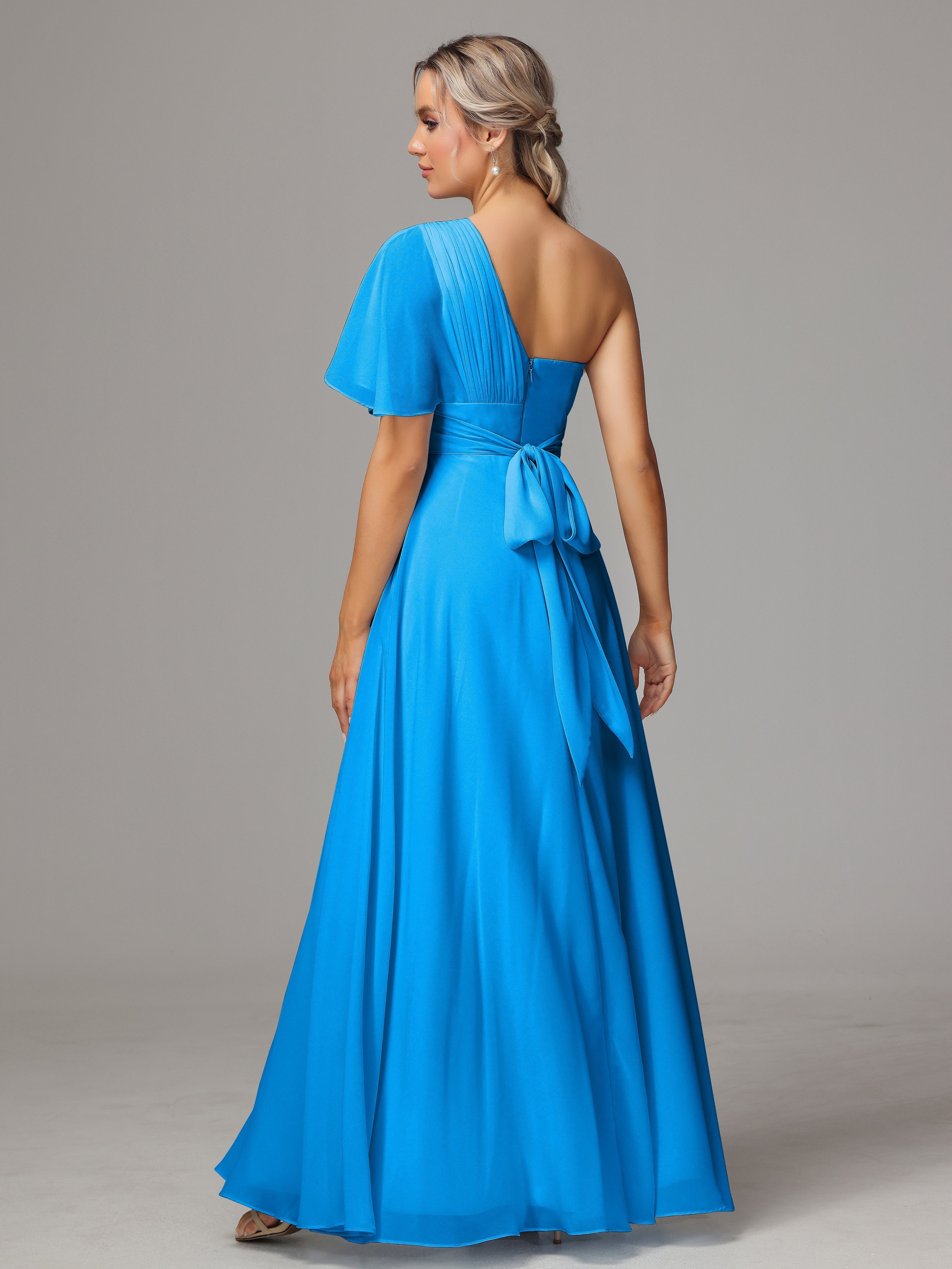 Robes De Demoiselle D'Honneur Bleu Océan Fendue Seule Épaule Mousseline Robe Demoiselle D'Honneur