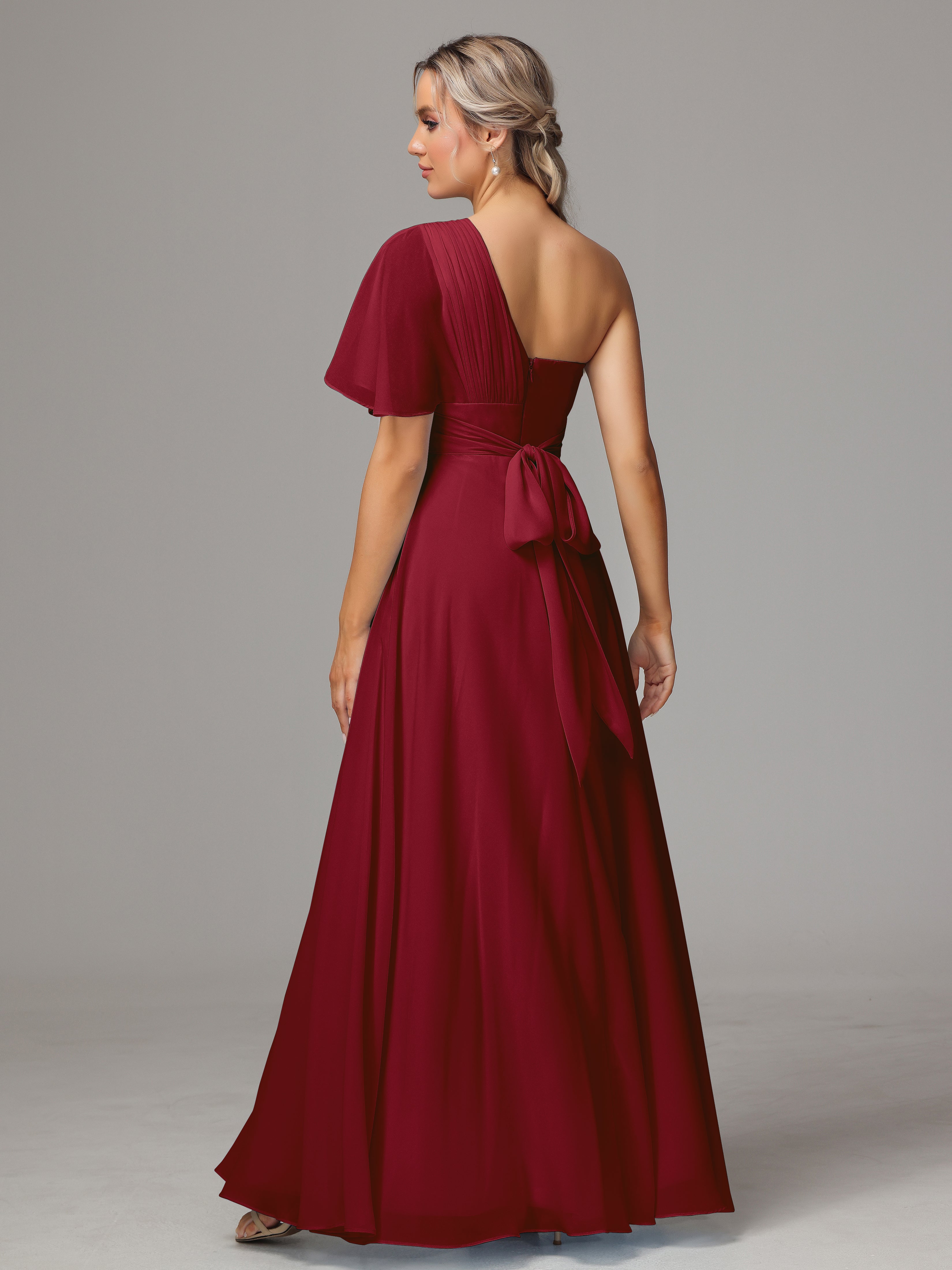 Robes Demoiselle D Honneur Bordeaux Fendue Seule Épaule Mousseline Robe Demoiselle D'Honneur