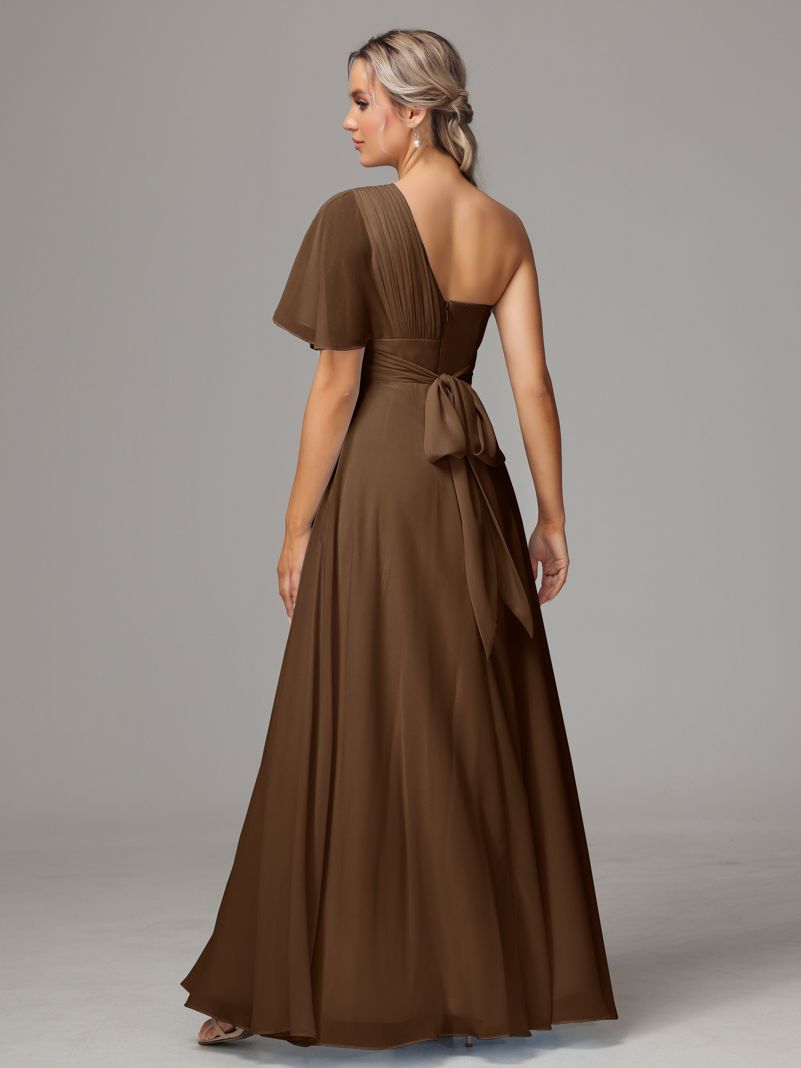 Robe Demoiselle D Honneur Brun Fendue Seule Épaule Mousseline Robe Demoiselle D'Honneur
