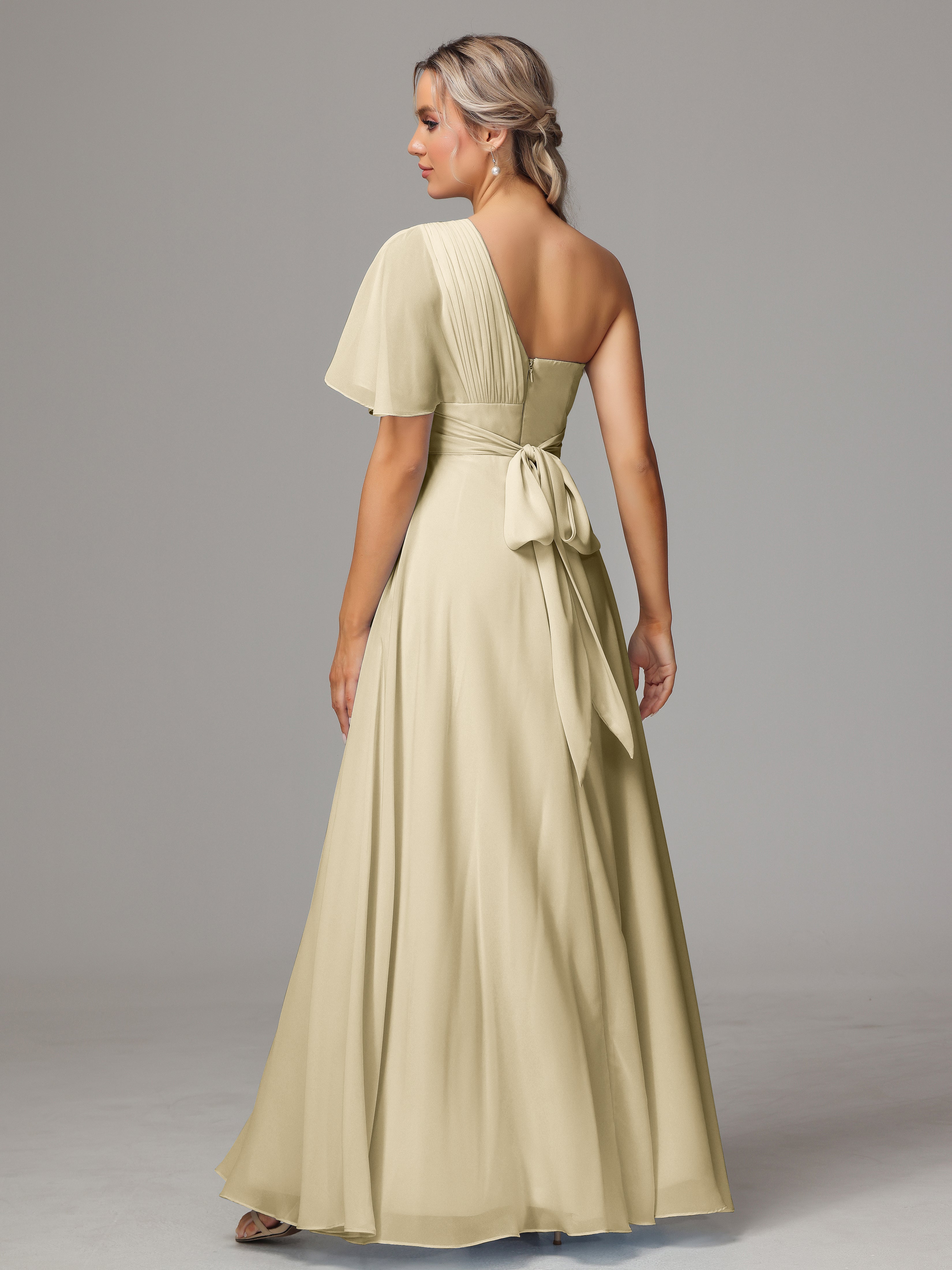 Demoiselle D Honneur Champagne Fendue Seule Épaule Mousseline Robe Demoiselle D'Honneur